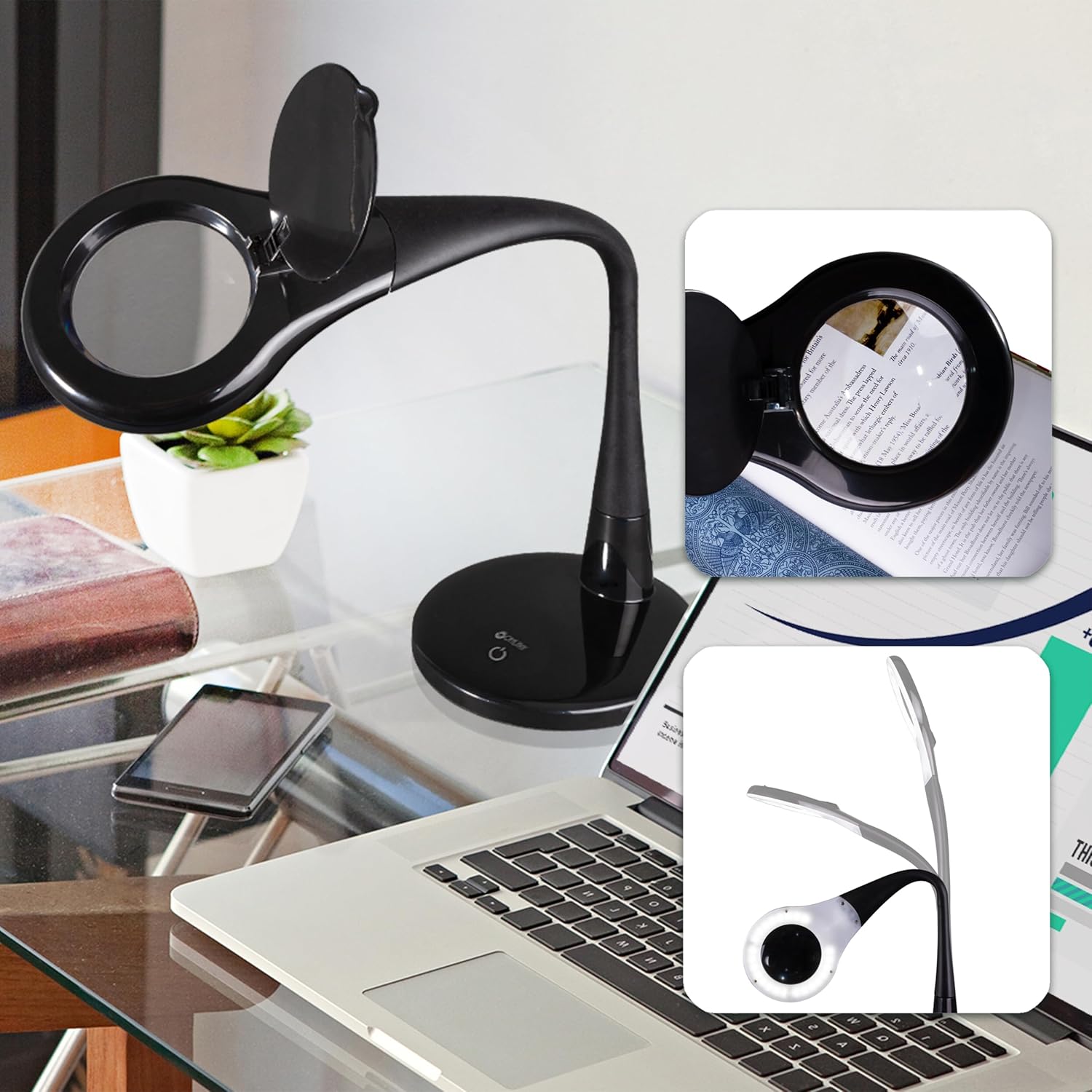 OttLite LED Desk Lamp with Adjustable Magnifier, Prevention Series - Designed to Reduce Eyestrain - Adjustable Flexible Neck, 4 Brightness Settings & Touch Controls - Crafting, Reading & Studying