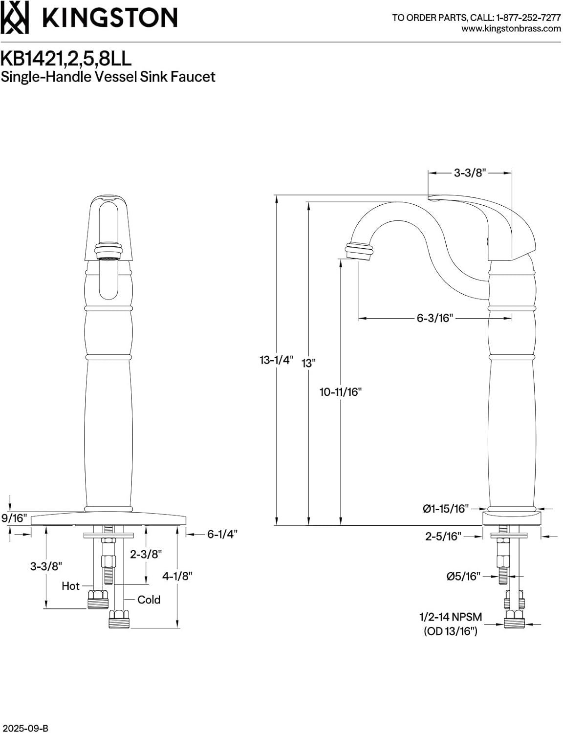 Kingston Brass KB1428LL HeritageVessel Sink Faucet with Optional Cover Plate, Brushed Nickel