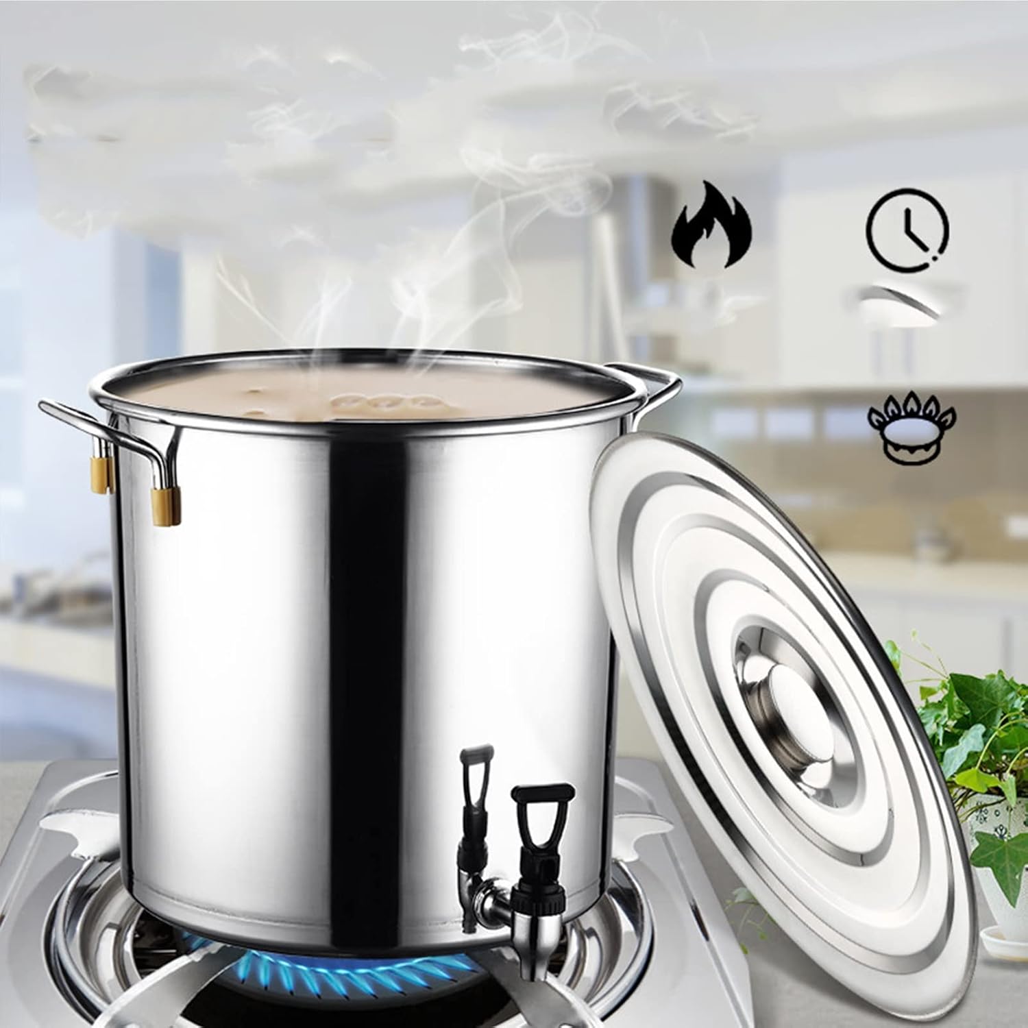 Multifunctional Soup Pot with Lid - Stock Pot with Spigot, 304 Stainless Steel Large Soup Bucket with Tap, Restaurant Hot Water Tea Bucket, Compatible with All Stoves(40x40CM)