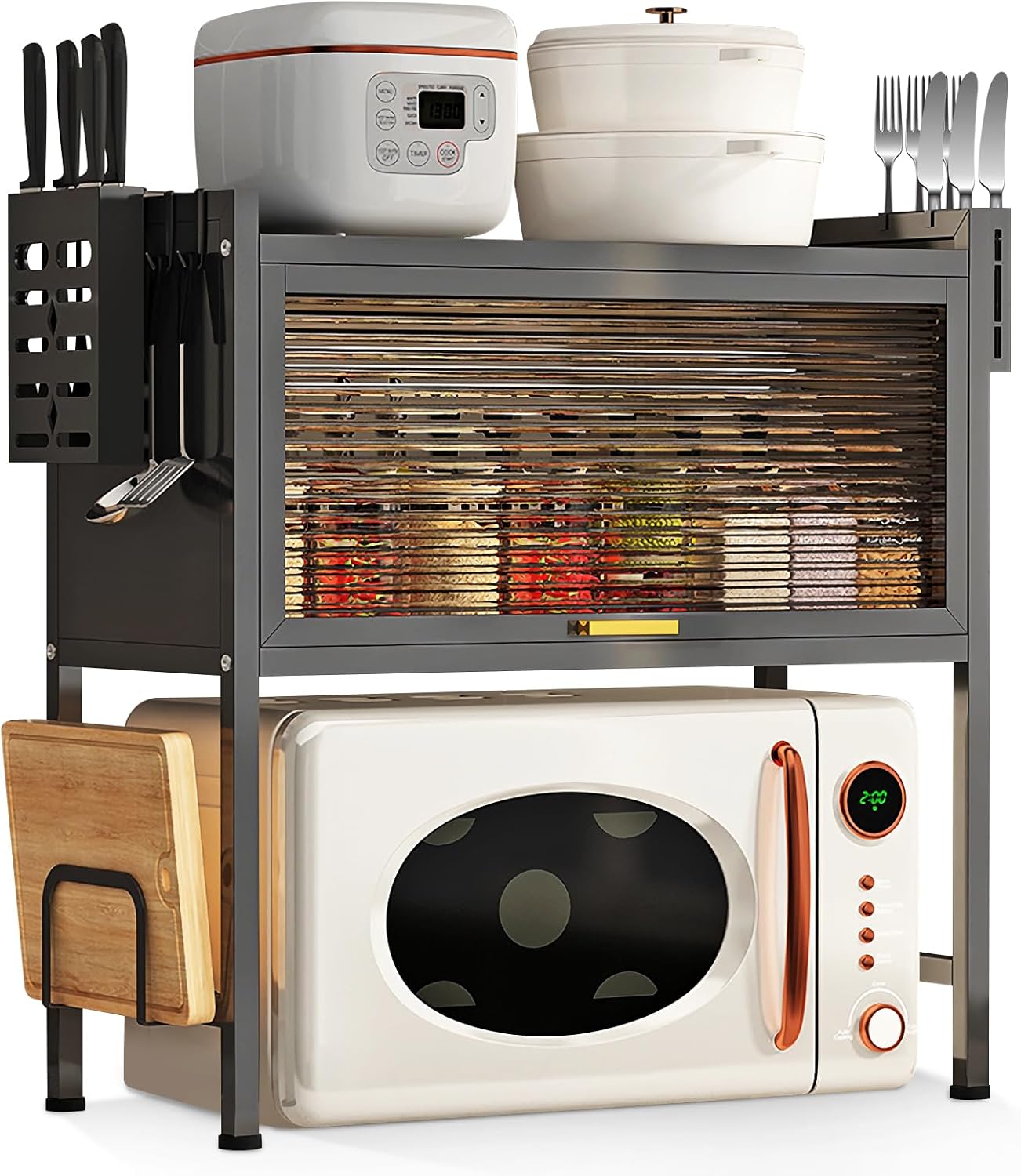 Microwave Stand, Kitchen Countertop Organizer, Oven Rack With Storage Cabinet, Carbon Steel Kitchen Counter Shelf, Shelf for Dining Room （Black）