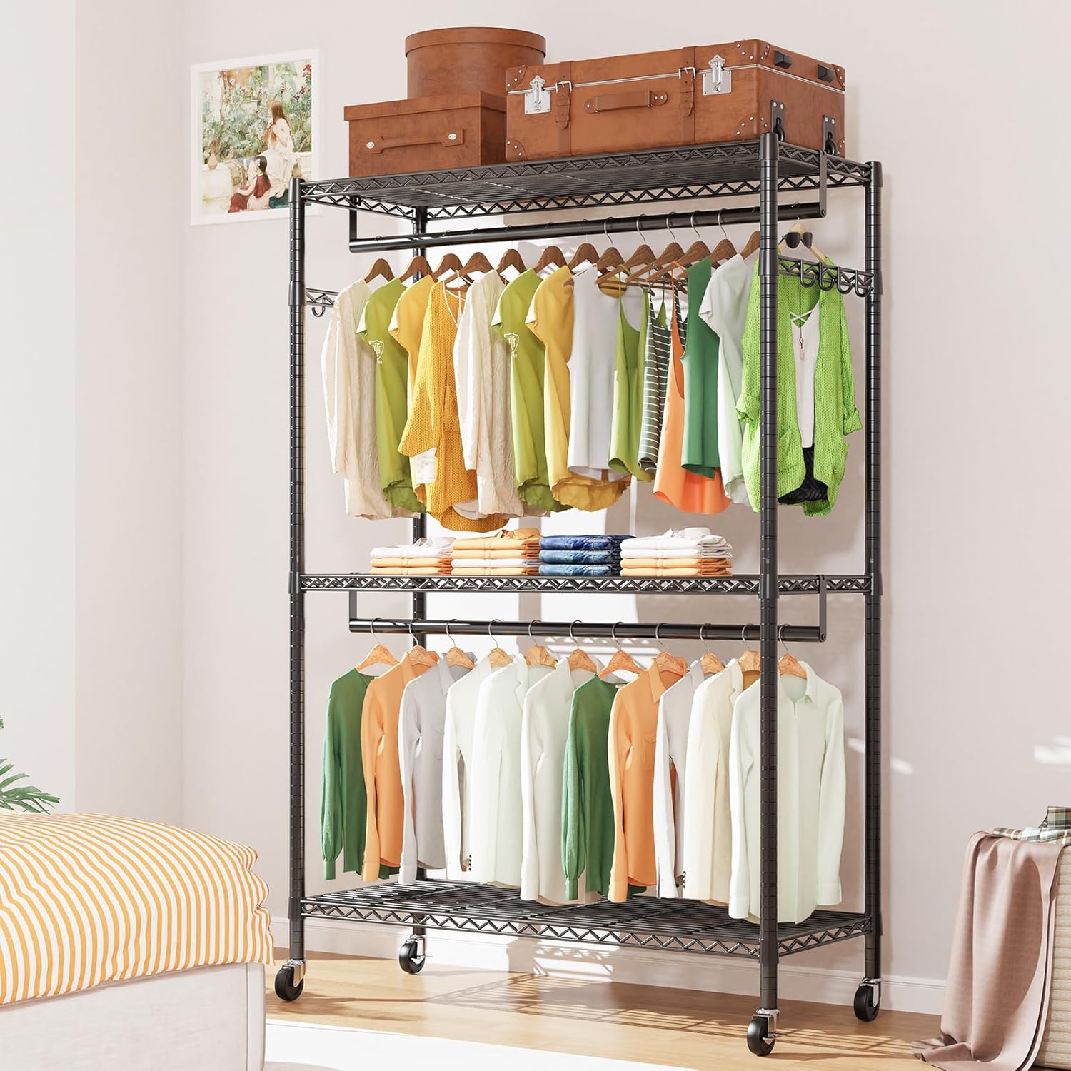 LEHOM G1L 3 Tiers Garment Rack with Storage Shelves, Heavy Duty Rolling Free-Standing Clothing Rack Closet Organizer with Double Rods/Lockable Wheels & 2 Pairs Side Hooks, Max Load 450 LBS, Black