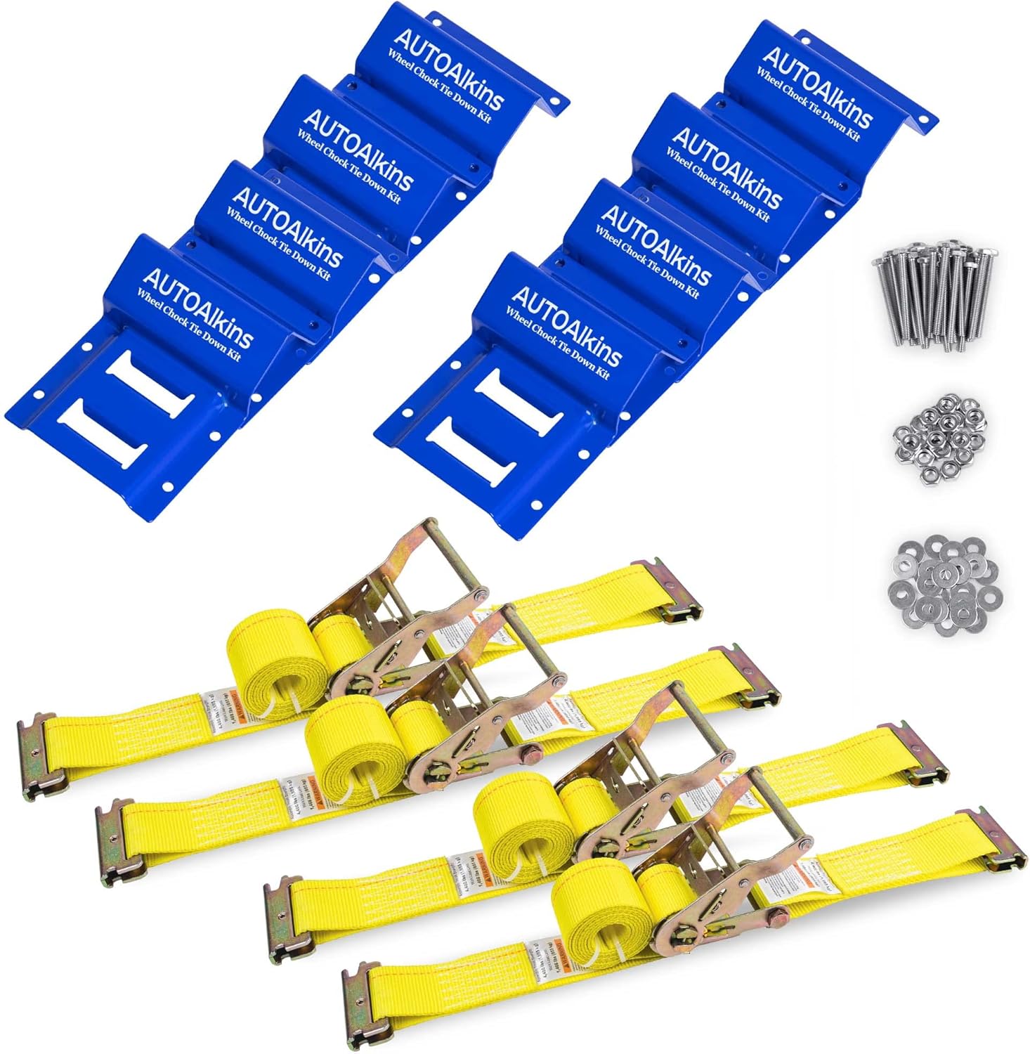 Wheel Chock Tie Down Kit, Trailer Tie Down Strap Kit, Heavy Duty Trailer Tie Down System for UTV, ATV, Mower, etc, 4-Tire Kit（Blue）