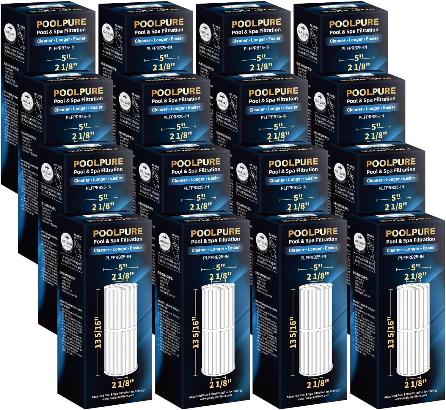 POOLPURE Pack of 16 PLFPRB25-IN Hot Tub Filter Compatible with Unicel C-4326, Guardian 413-106, Filbur FC-2375, FC-2370, 3005845, 17-2327, 100586, 33521, 25392, 817-2500, 5X13 Drop in Spa Filter