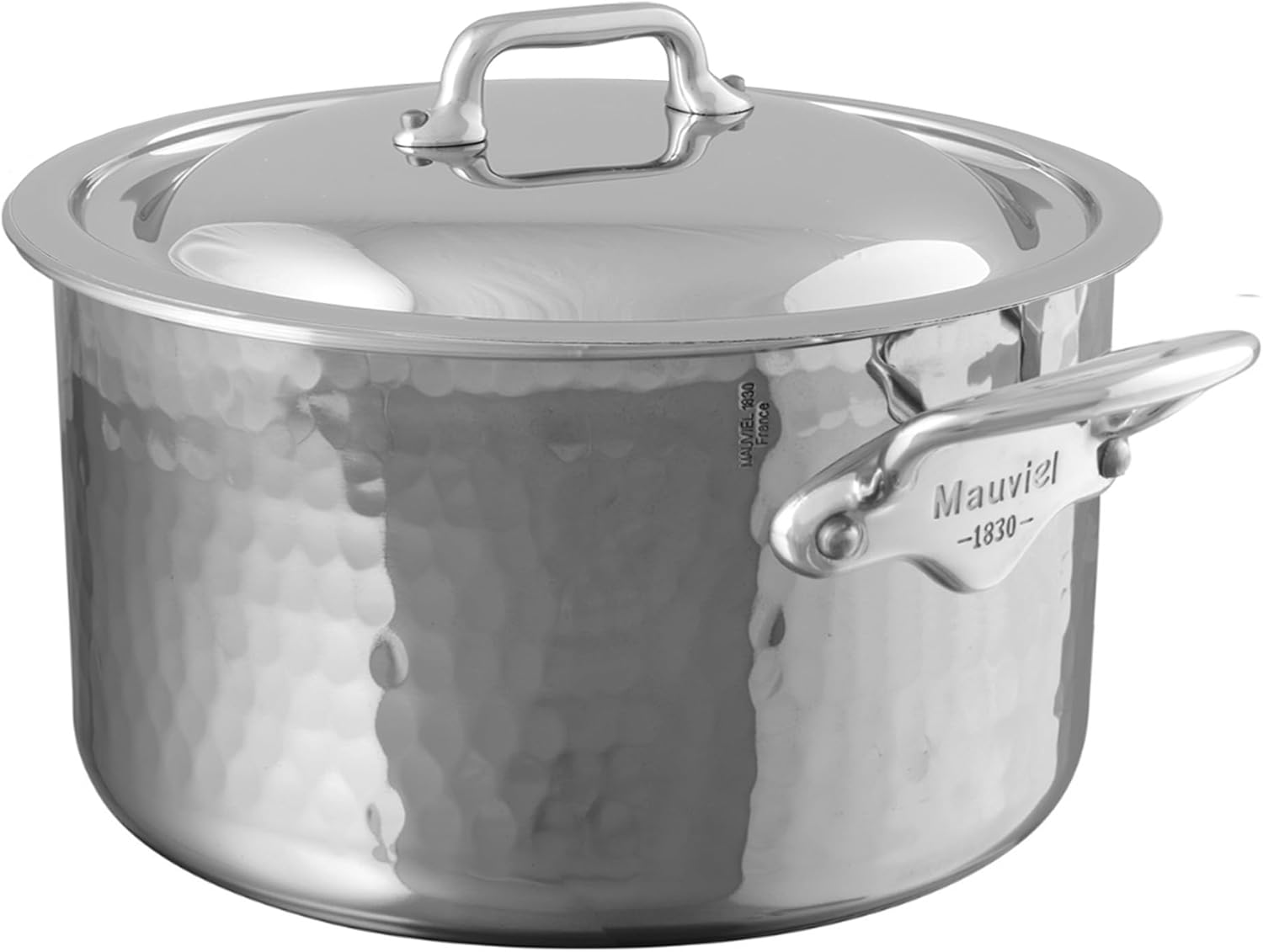 Mauviel M'Elite 5-Ply Hammered Polished Stainless Steel Stewpan With Curved Lid, And Cast Stainless Steel Handles, 9.2-qt, Made in France