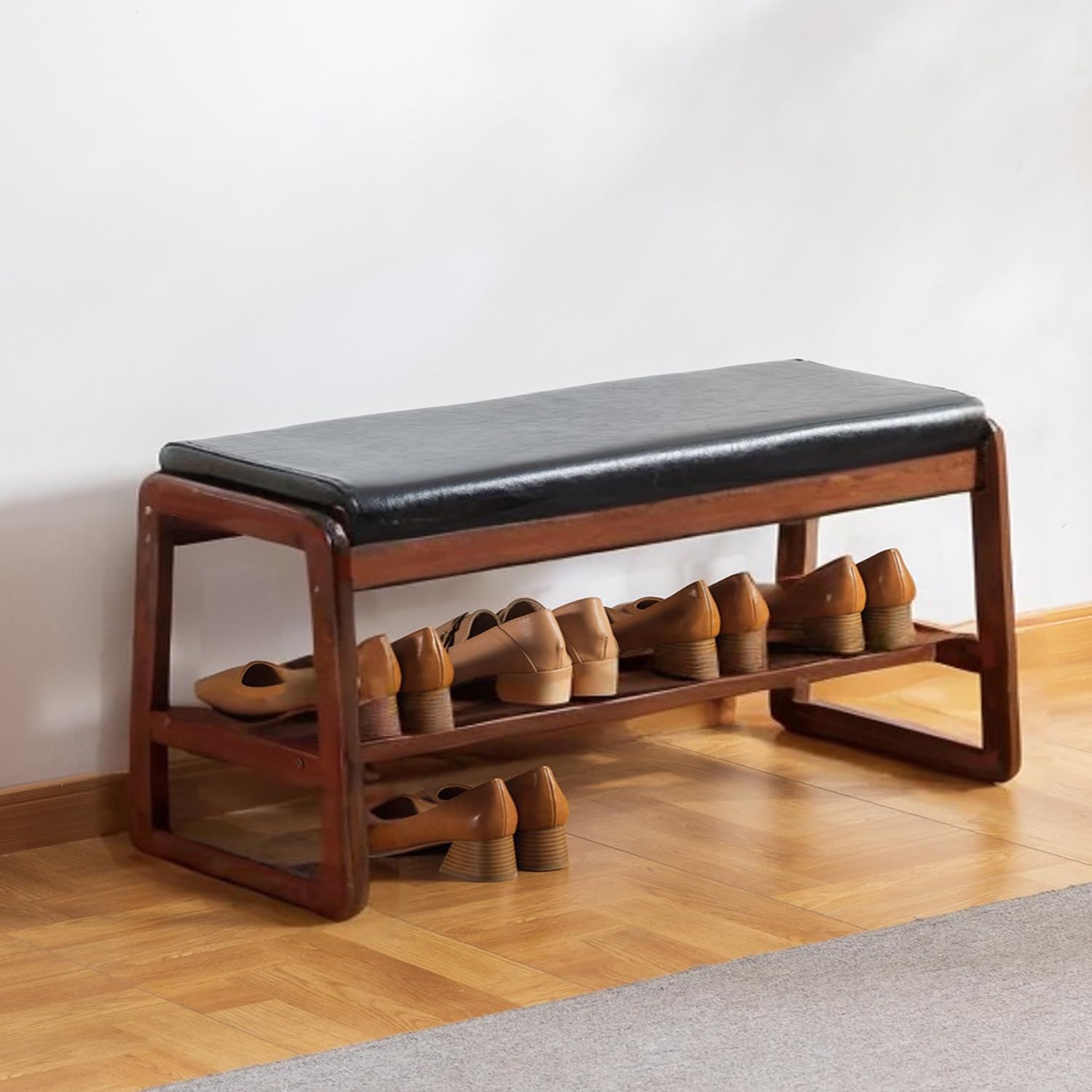 latifolia Solid Wood Bench, Entryway Shoe Bench with Cushion, 2 Tier Shoe Storage Organizer for Hallway, Living Room(Grey,39.70''L)