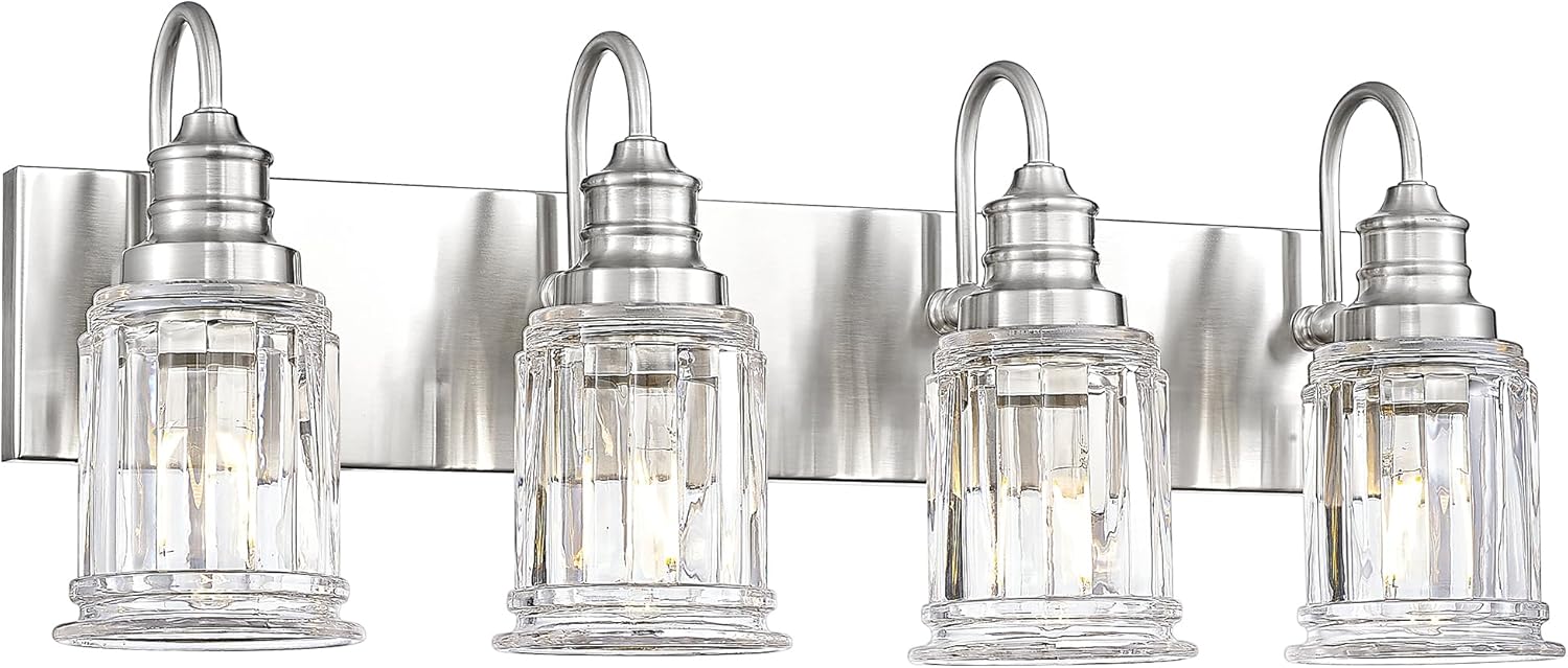 Brushed Nickel Bathroom Light, HWH 4-Light Vanity Lights for Bathroom Vanity Sconce Over Mirror, Wall Mounted Light Fixtures with Bell-Shaped Striped Glass, 5HZG106B-4W BN