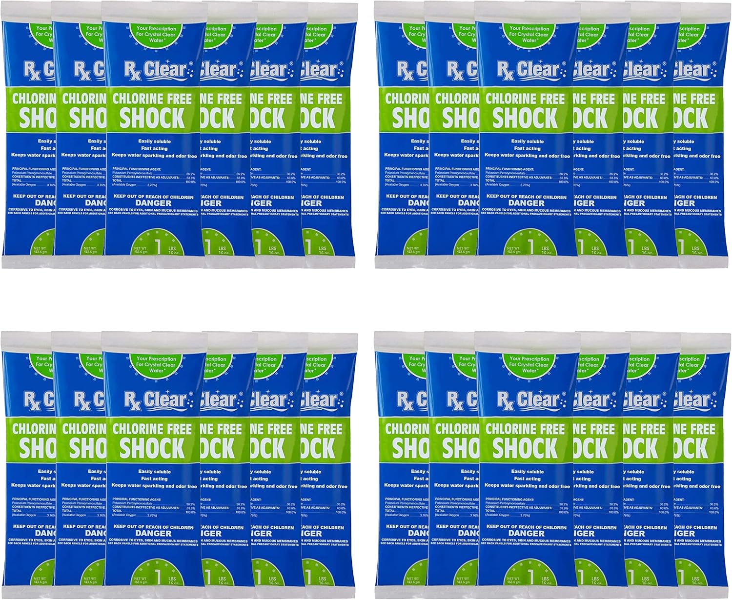 Rx Clear Chlorine-Free Swimming Pool Shock | Eliminate The Harsh Chemicals | Non-Irritating Formula | 36.2% Potassium Monopersulfate | One Pound Bags | 48 Pack