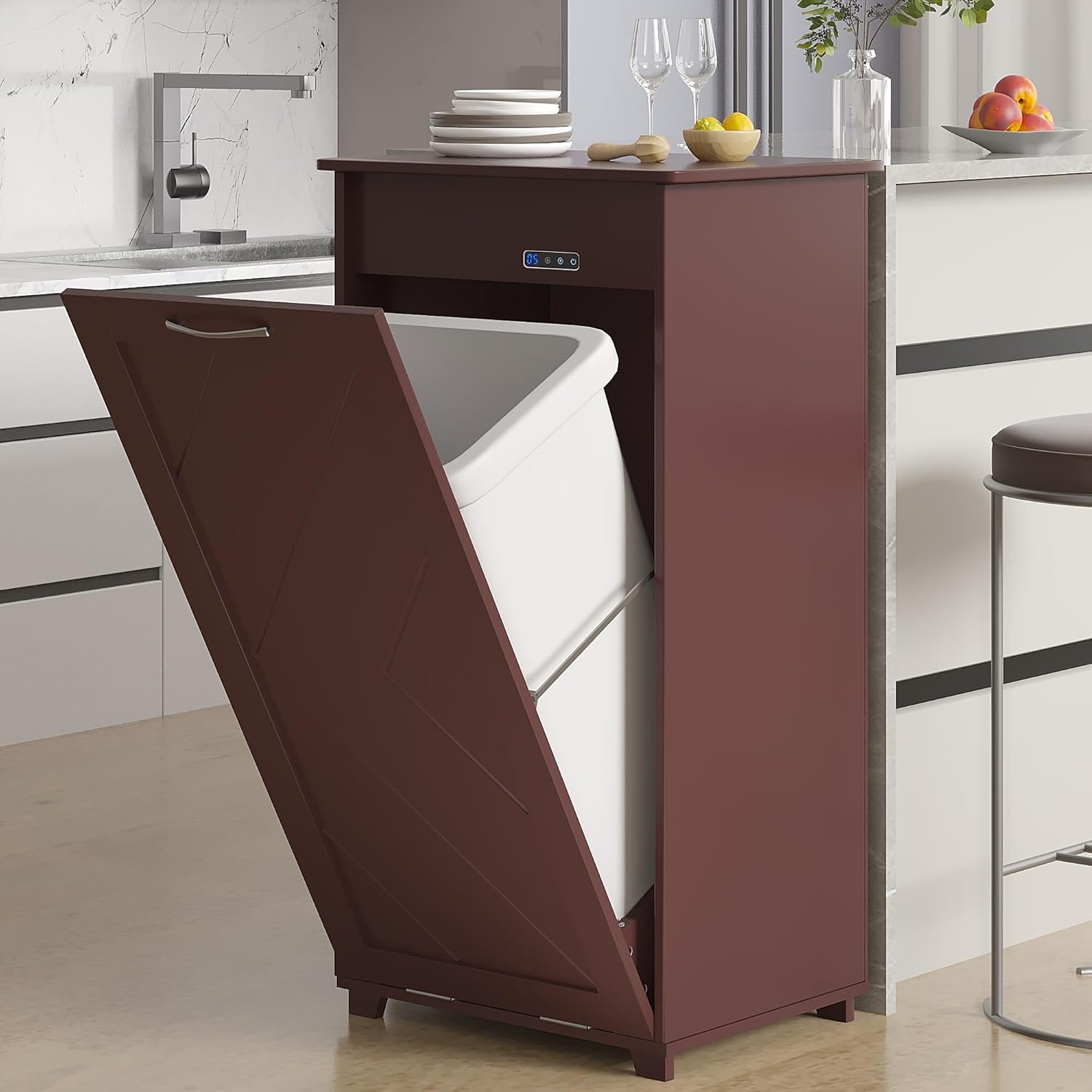 VECELO Double Tilt Out Kitchen Trash Bin Cabinet Dog Proof Garbage Can with Wood Holder Free Standing Recycling, White