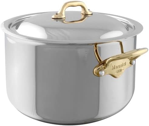 Mauviel M'Cook B 5-Ply Polished Stainless Steel Stewpan With Lid, And Brass Handles, 6.2-qt, Made In France