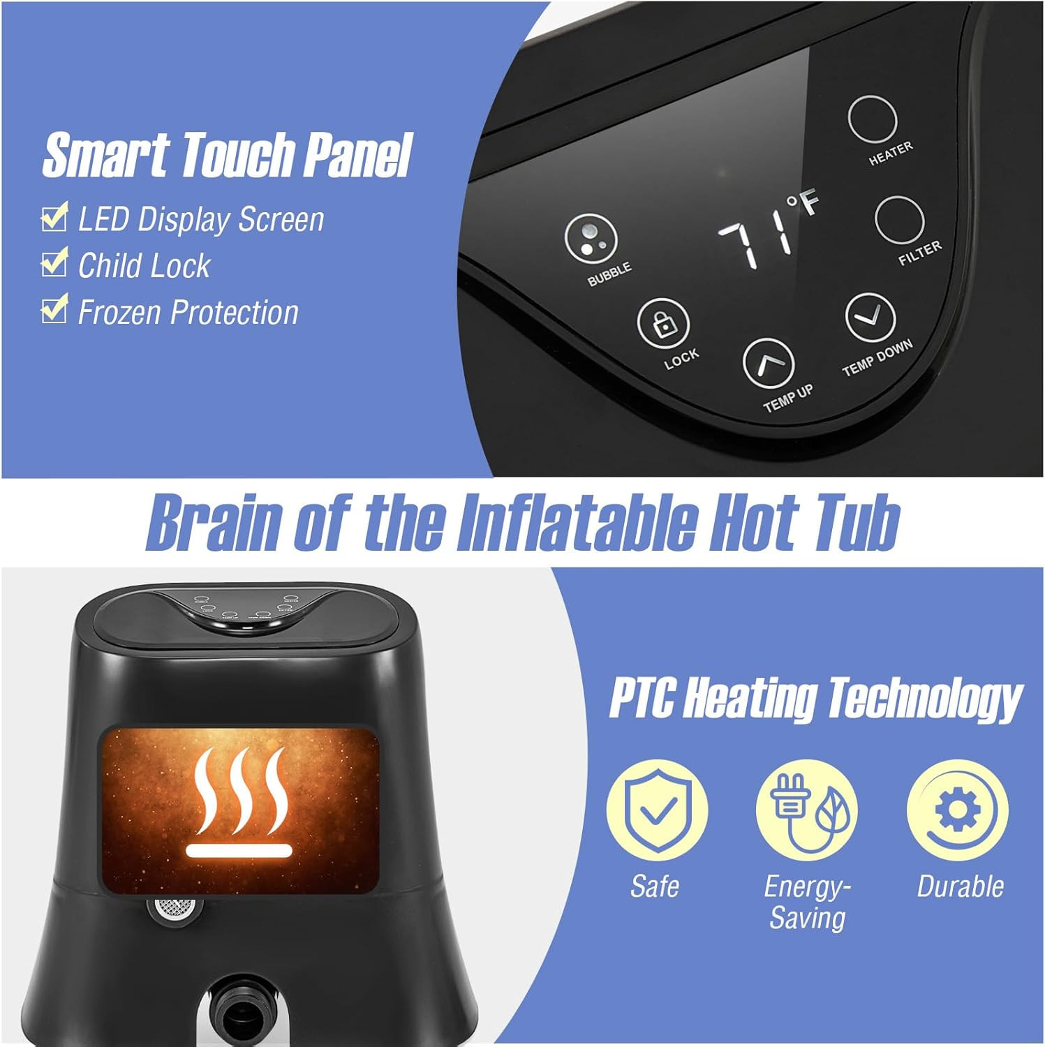 Goplus Inflatable Hot Tub, 2-4 Person Blowup Pool Hottub w/110 Air Jets, Heater Pump, Filter Cartridges, Insulated Cover, Ground Cloth, Portable Outdoor Water SPA (70’’ Round, 2-4 Person)