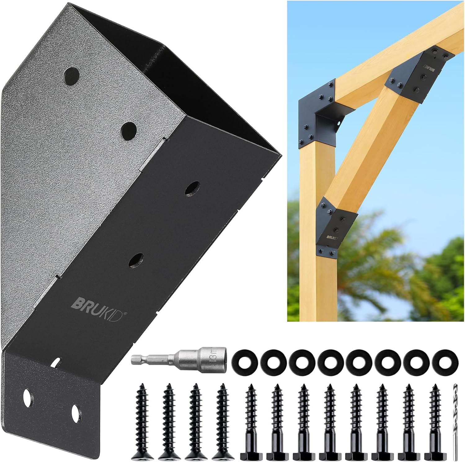 8pc 45°-Degree Angle Support Bracket, 4x4 (Actual 3.5''x3.5'') Angle Bracket, Suitable for Pergolas, Gazebo, Deck Porch, Cabin Elevated Wood Support Bracket kit (Frosted-Black)