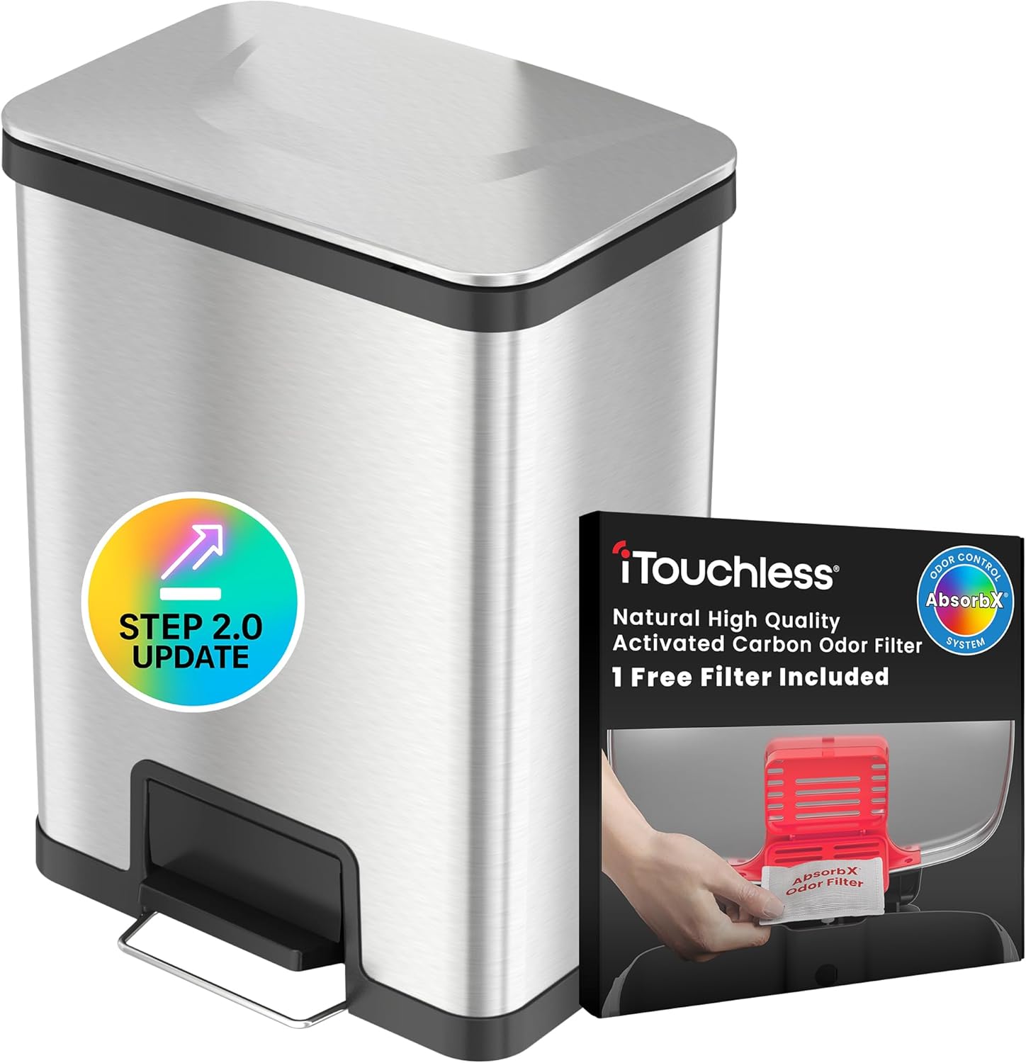 iTouchless 13 Gallon Step 2.0 Technology Airstep Kitchen Trash Can with AbsorbX Odor Filter, Silent-Close Stainless Steel Recycle Bin for Home and Office Business Store Garage School