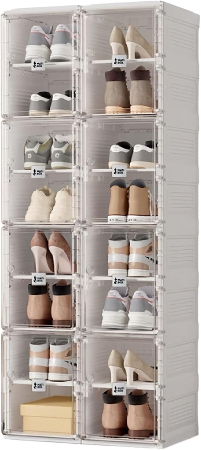 AntBox Portable Shoe Rack Organizer, Stackable Sneaker Organizer Cabinet with Magnetic Door, Folding Design, Clear Plastic Storage Container, 8 Tier 16 Pairs (Clear) - S2-S16-D8