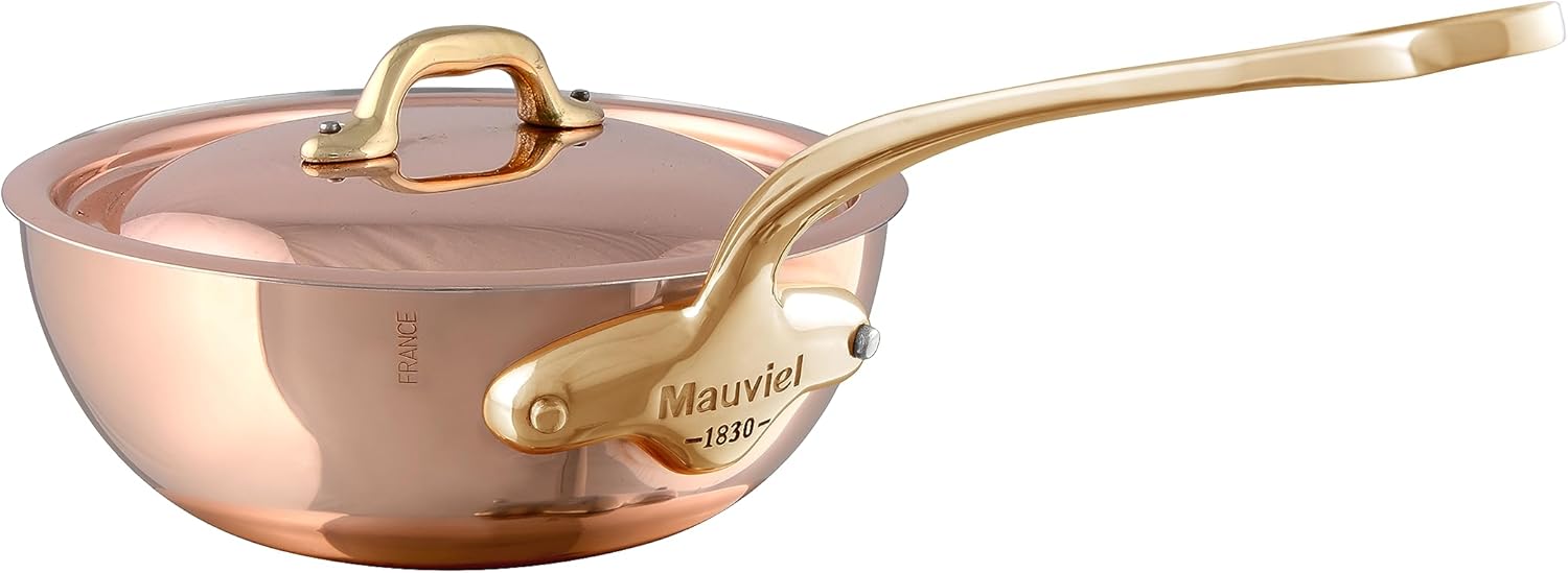 Mauviel M'Heritage 150 B 1.5mm Polished Copper & Stainless Steel Chef Pan With Lid, And Brass Handle, 3.7-Qt, Made in France