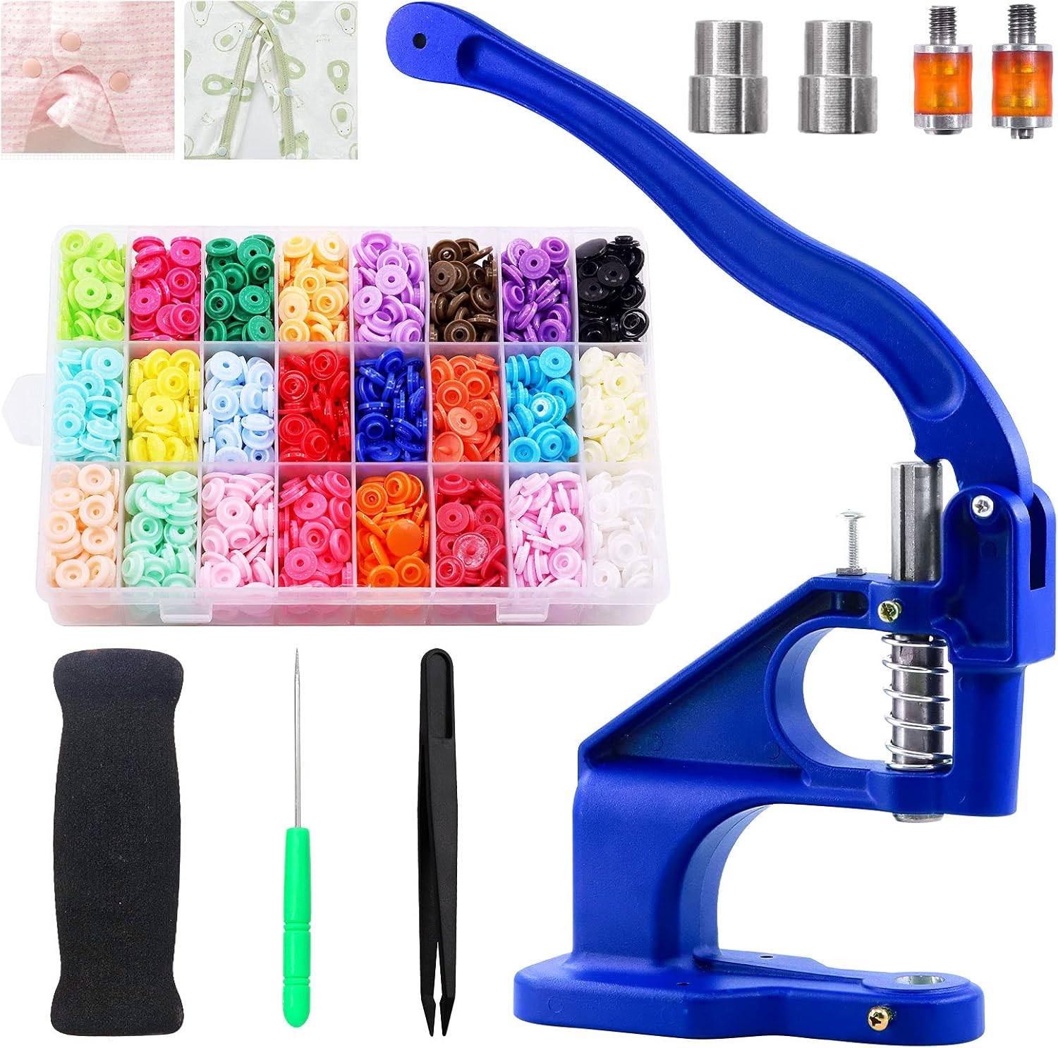 Keadic Hand Press Snap Machine with Size 20 Dies Set and 24 Size 384 Sets Colorful Original Snap Buttons with Storage Containers, Plastic Snap Fastener Tool Kit for Clothing, Sewing, Crafting