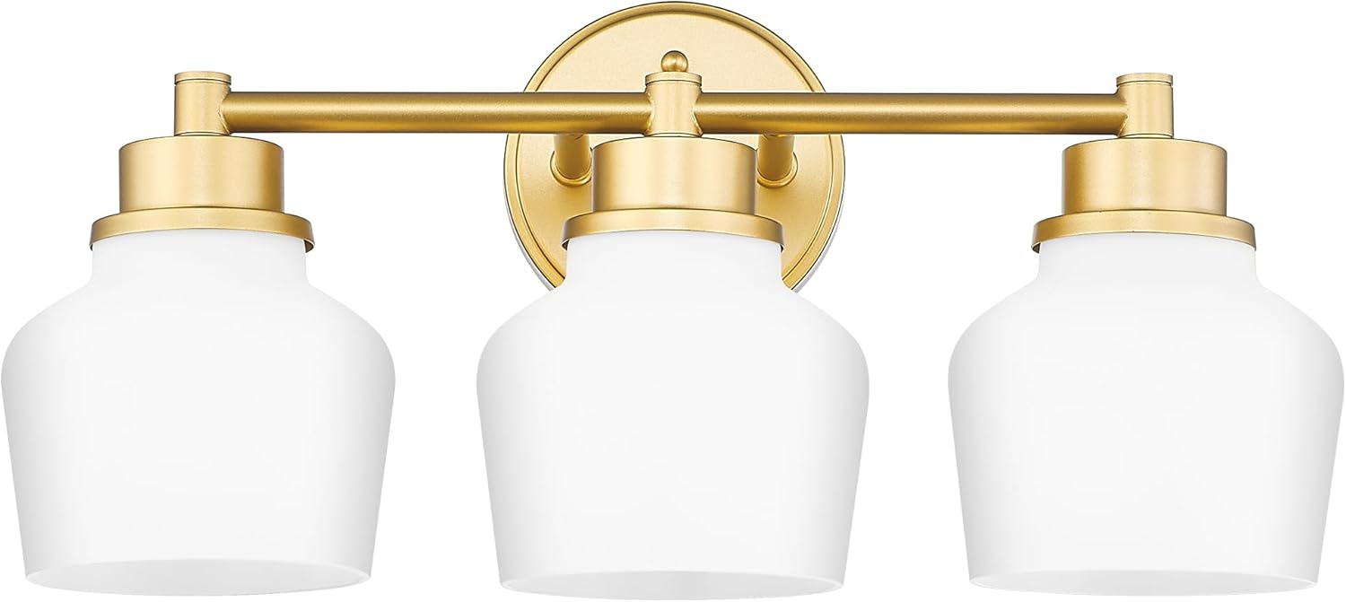 Emak Gold Vanity Light with Milk Glass Shade, Modern Bathroom Light Fixtures Over Mirror, 3-Light Bathroom Vanity Lights for Mirror, Bath, VL122-GD-ML-3