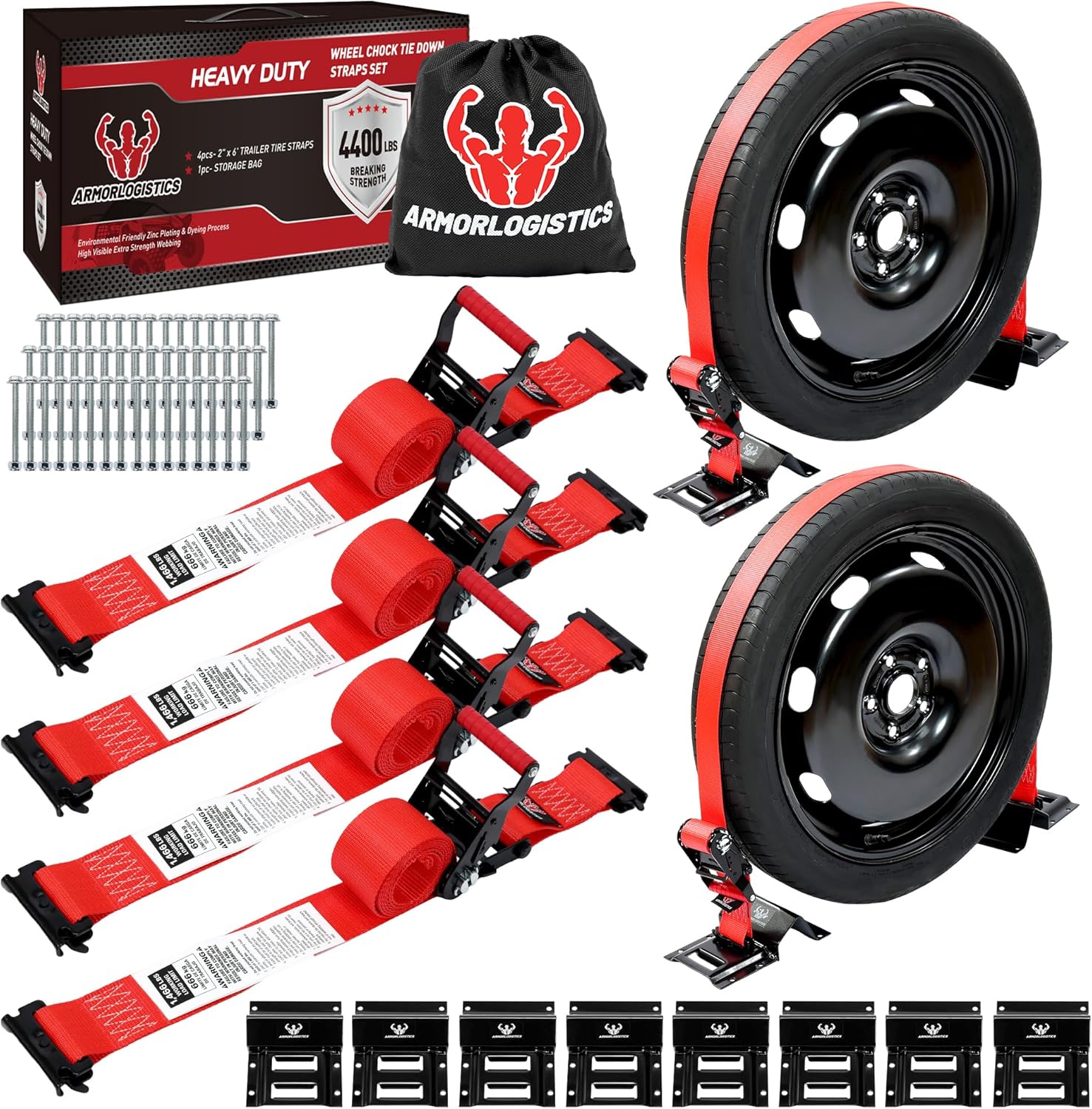 Wheel Chock Tie Down Kit, 4 Pack Heavy Duty Trailer Tire Straps Kit for ATV, UTV, Lawn Mower, 4,400lb Max Break Strength