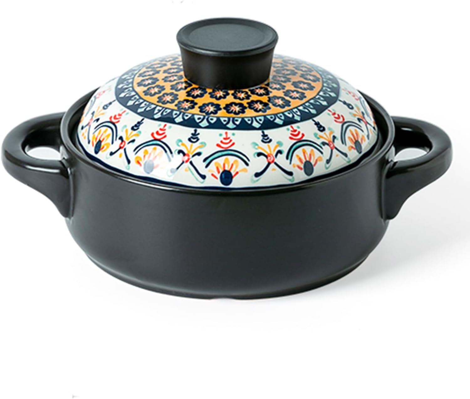 Large Ceramic Casserole Dish with Lid and Dual Handles - Round Emboss Stewpot for Gas Stove, Oven, Microwave - Vintage Style Uniform Heating Clay Pot (1.5L/1.58Quart, B)