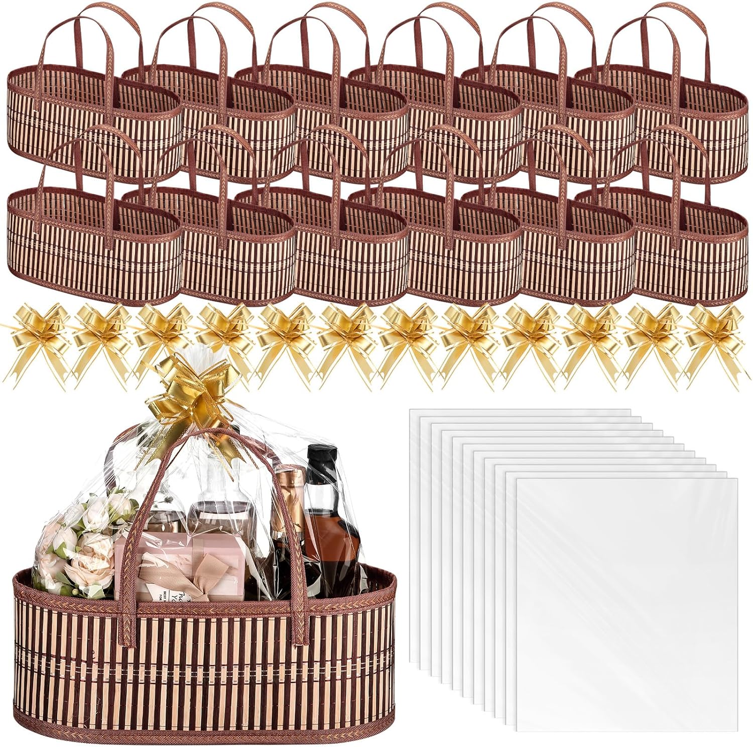 12 Set Woven Baskets for Gifts Empty Large Bamboo Gift Baskets with Handle Cellophane Wrap Bag and Pull Flower Ribbon Sturdy Foldable Gift Packages for Birthday Wedding Favor Wrapping
