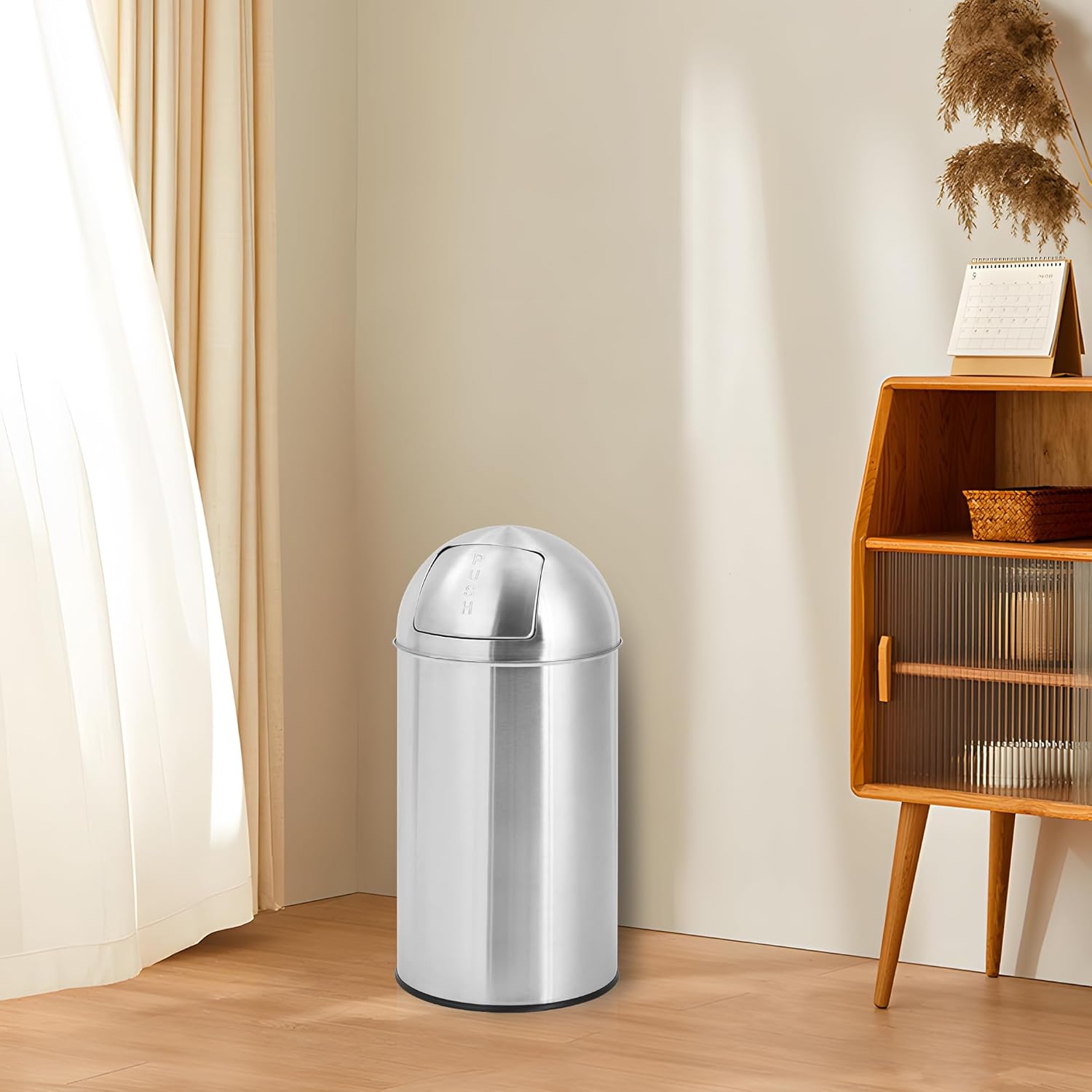 Garvee Cylindrical Commercial Trash Can, 18 gal/70 L Fingerprint-Proof Stainless Steel Garbage Can with Push Lid, Heavy Duty Tall Waste Bin with Removable Inner Bucket for Outdoor, Commercial Use