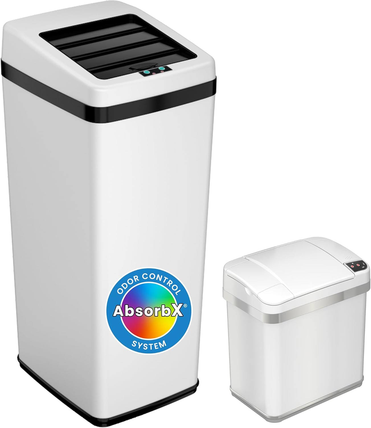 iTouchless 14 Gallon and 2.5 Gallon Sensor Trash Cans with AbsorbX Odor Control System, White and Stainless Steel, Kitchen and Bathroom Automatic Garbage Bins
