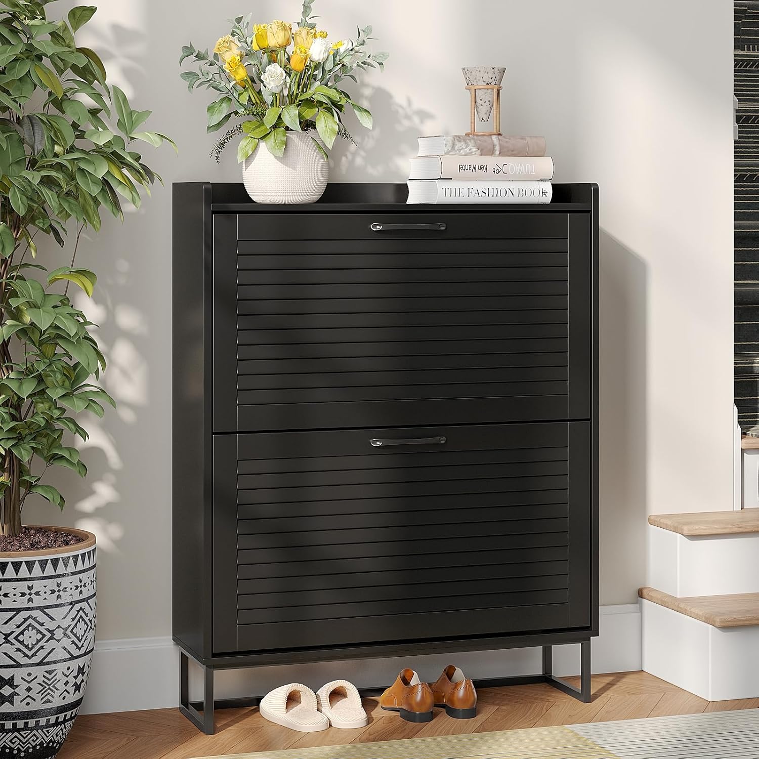 Maupvit Shoe Storage Cabinet with 2 Flip Louvered Doors, Freestanding Organizer with Metal Legs, Shoe Cabinet for Entryway, Narrow Shoe Rack Cabinet, Black