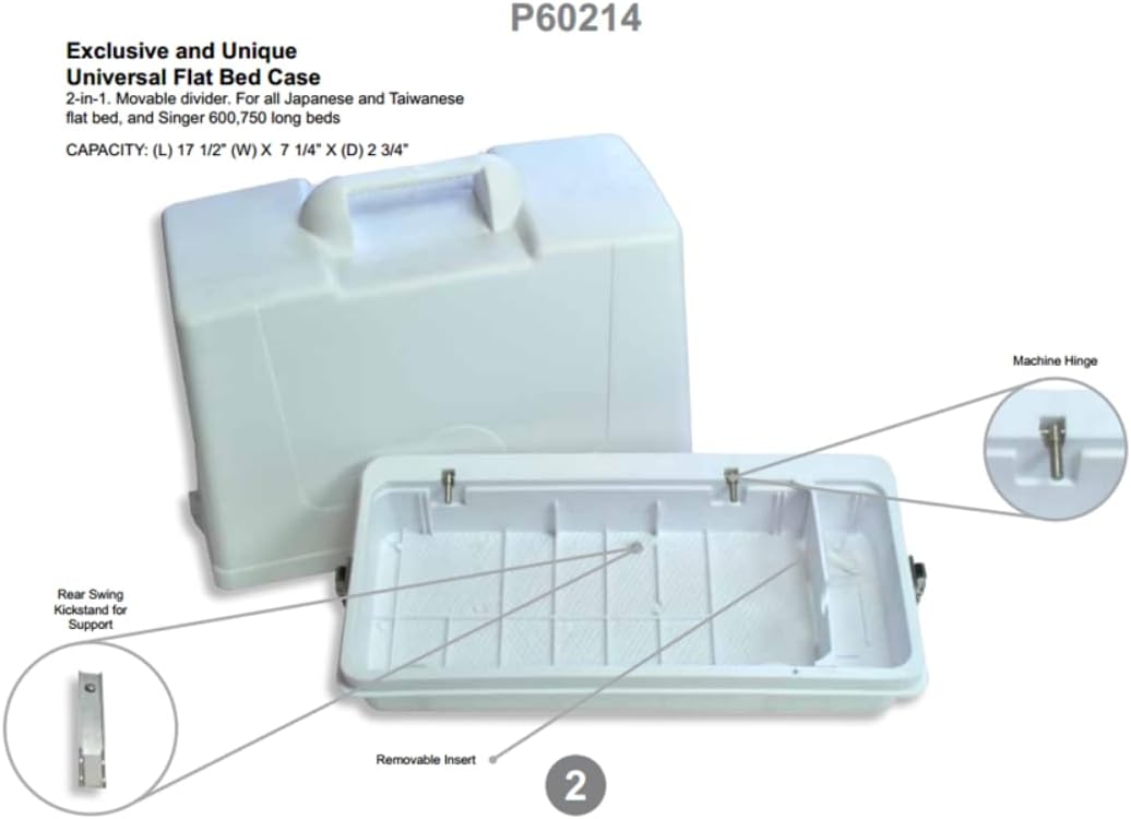 Alphasew Deluxe P60214 Hard Plastic Carrying Case Fits 14.5x7in Standard Flat Bed Sewing Machines, or 17.5x7.25in Longer Bed like some Singers, Movable Divider