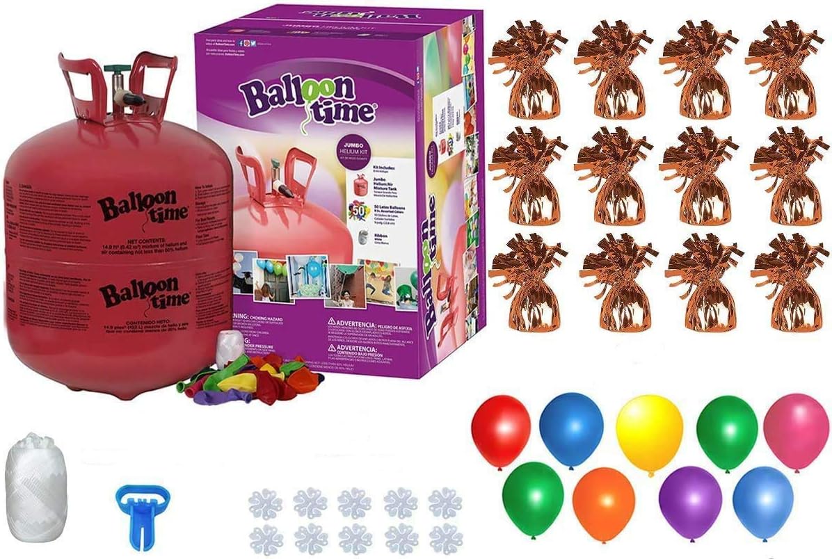 BLUE RIBBON Helium Tank with 50 Balloons and White Ribbon + 12 Orange Weights + Plus Tying Tool