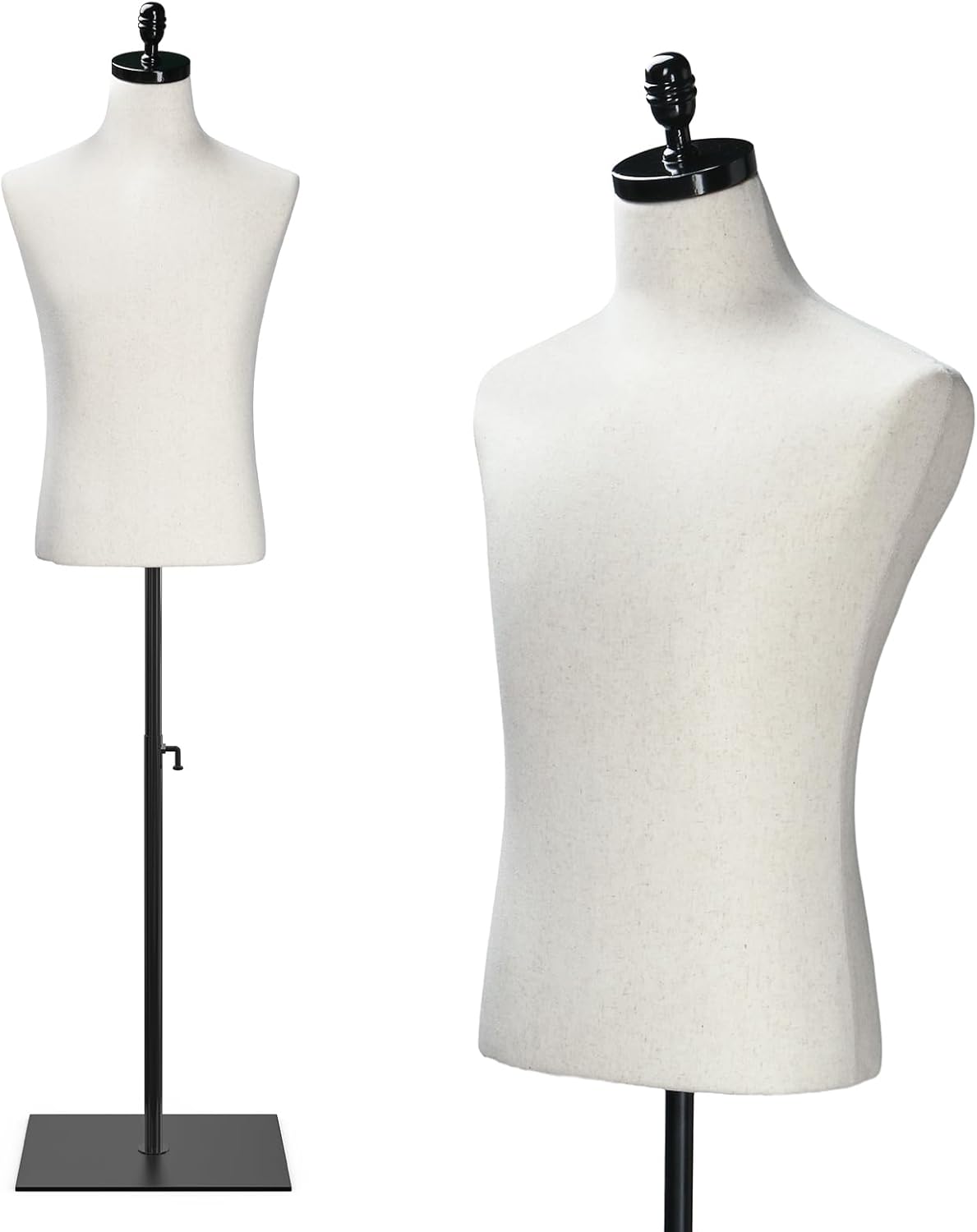 VINGLI Male Mannequin Torso with Wooden/Metal Stand, Adjustable Height Male Dress Form Body for Clothing Display and Sewing (Beige, Metal Base)