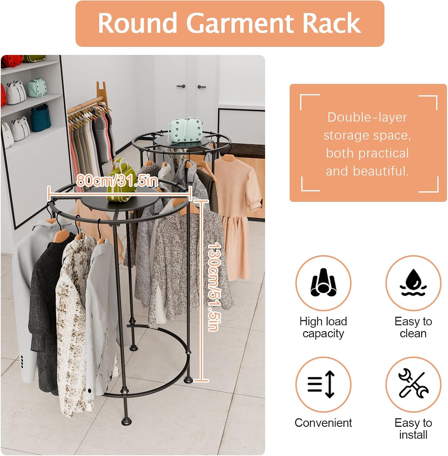 Round Garment Rack,Freestanding Clothes Hanging Rack,for Shopping Malls Retail Bedroom (Black)