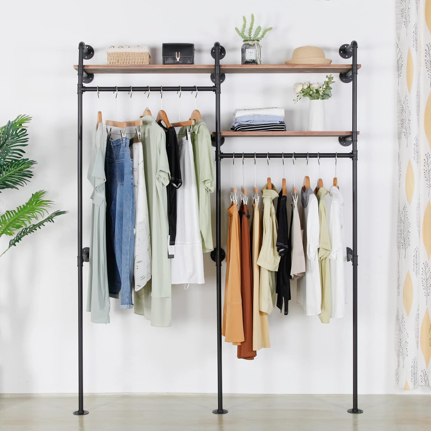 Wall Mounted Industrial Pipe Clothing Rack with 2 Tier Storage Shelf, Black Heavy Duty Metal Clothes Racks Vintage Retail Garment Rack for Hanging Clothes Retail Display, Boutiques
