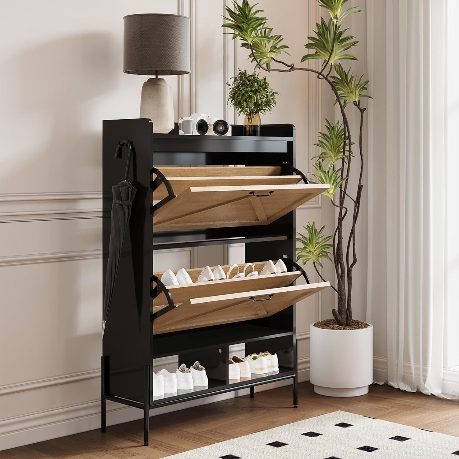 GarveeHome 2-Tier Flip Drawer Shoe Storage Cabinet, Slim Freestanding Shoe Organizer with Adjustable Dividers, Space-Saving Shoe Rack for Entryway, Hallway, or Living Room, Narrow Design