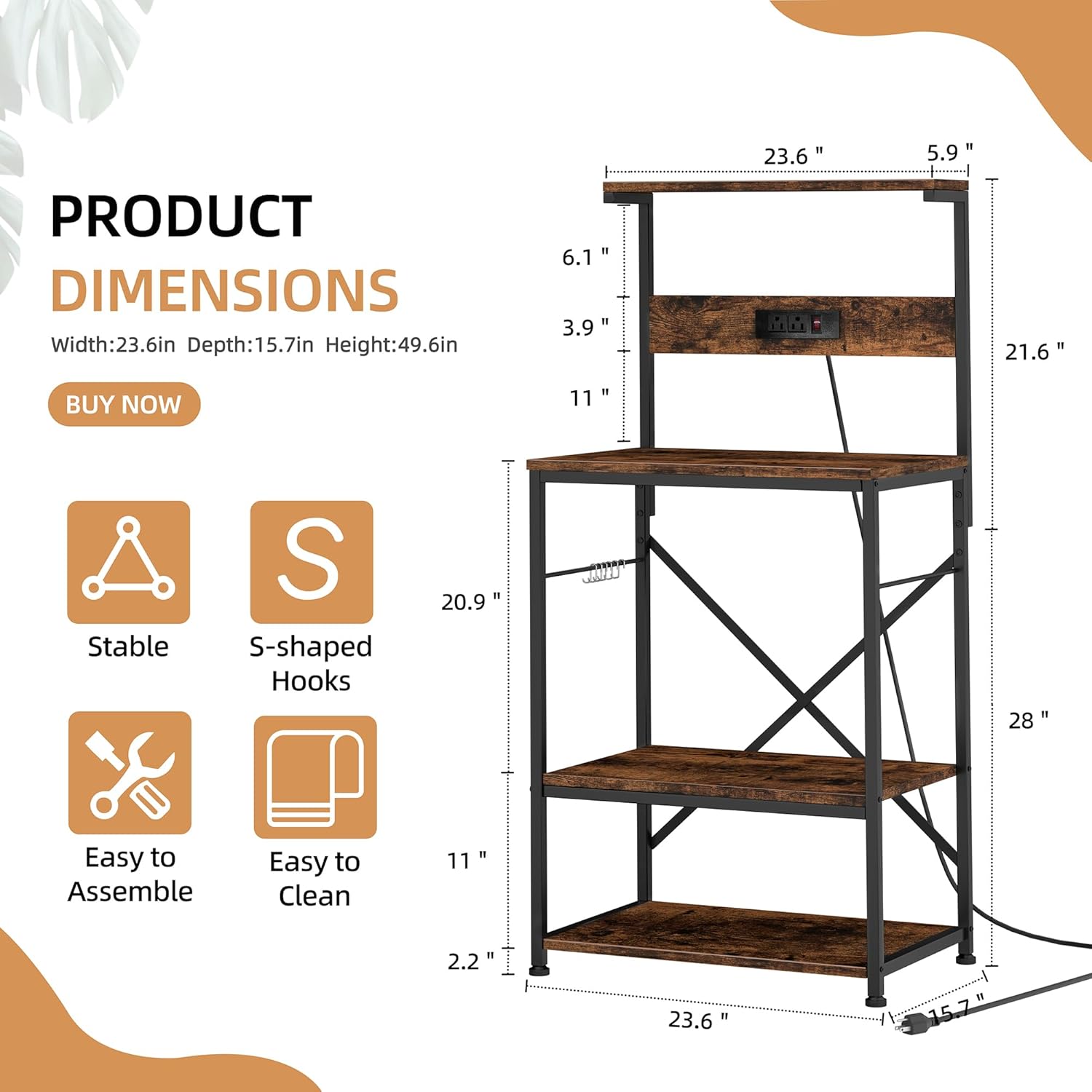 Shintenchi Bakers Rack with Power Outlet, Kitchen Organizer and Storage with 6 Hooks, Microwave Oven Stand, Kitchen Shelf for Spice, Coffee Station, Coffee Bar Table (Vintage Brown)