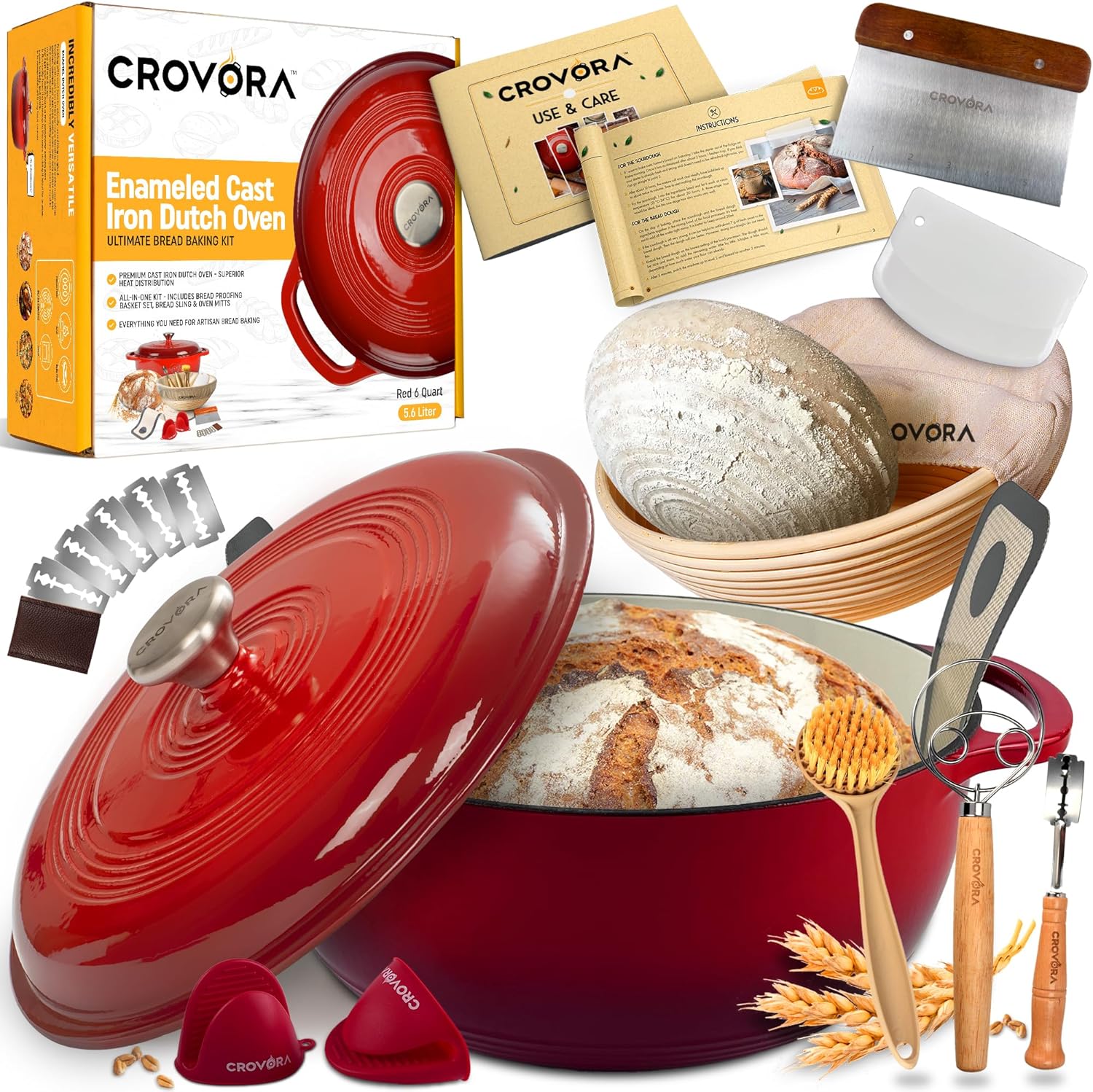 6 QT Enameled Cast Iron Dutch Oven for Bread Baking with Lid - Incl. Sourdough Bread Baking Supplies like Banneton Bread Proofing Basket, Cast Iron Bread Oven, Bread Pan, bread making tools