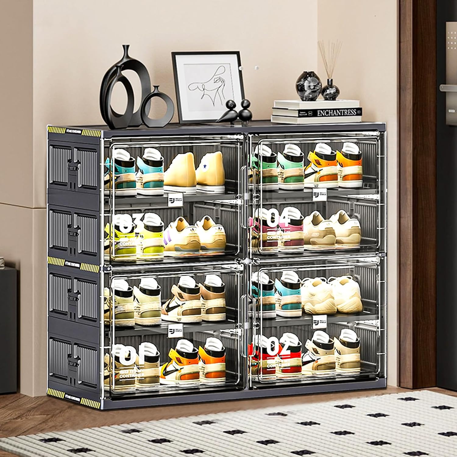 16 Pairs Portable Shoe Storage Cabinent of 3-Step Fast Installation,Plastic Shoe Box with Magnetic Clear Door for Entryway, Enclosed Shoe Rack for Sneaker, Heels etc.. (2Row, 4Tier)