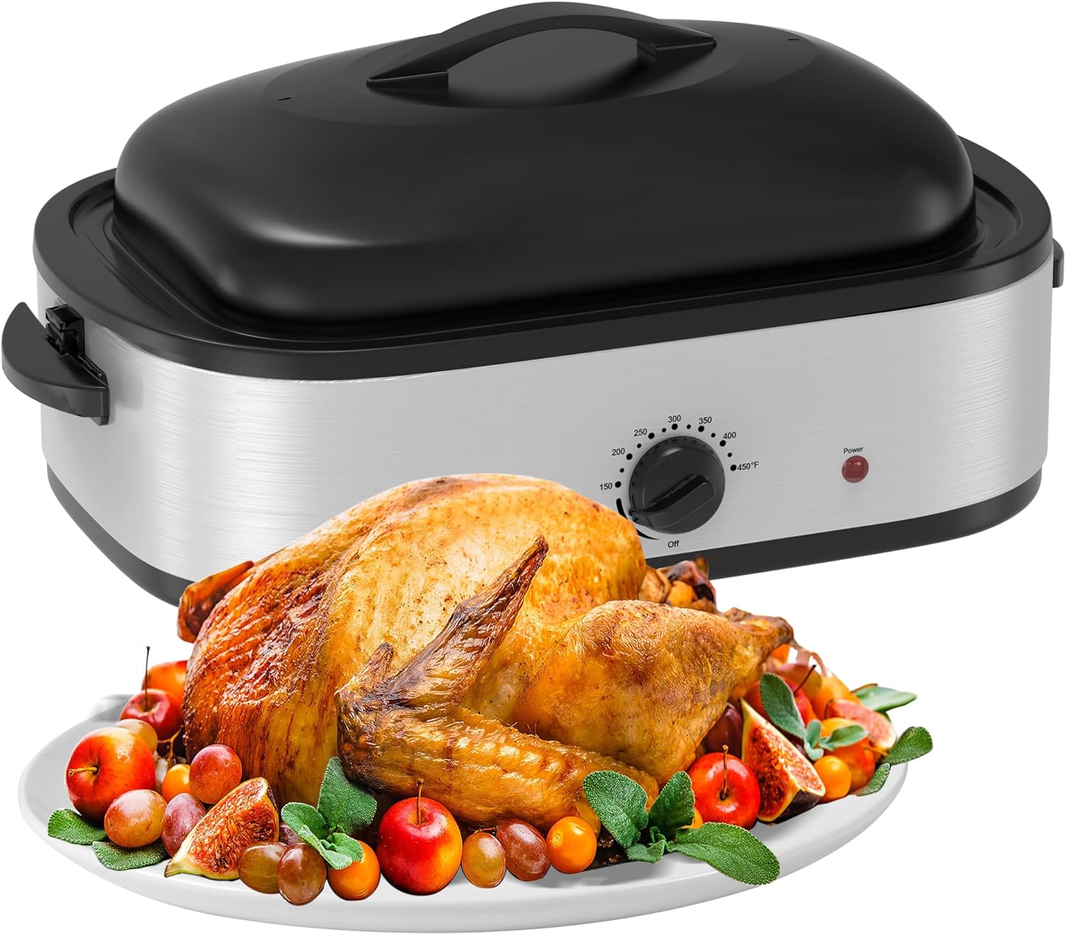 Roaster Oven 24Qt, Multifunctional Electric Roaster Oven for Turkey Meats Bread Soup Sauce, Fast-Cooking Turkey Roaster with Self-Basting Lid, Removable Pan and Rack, Stainless Steel
