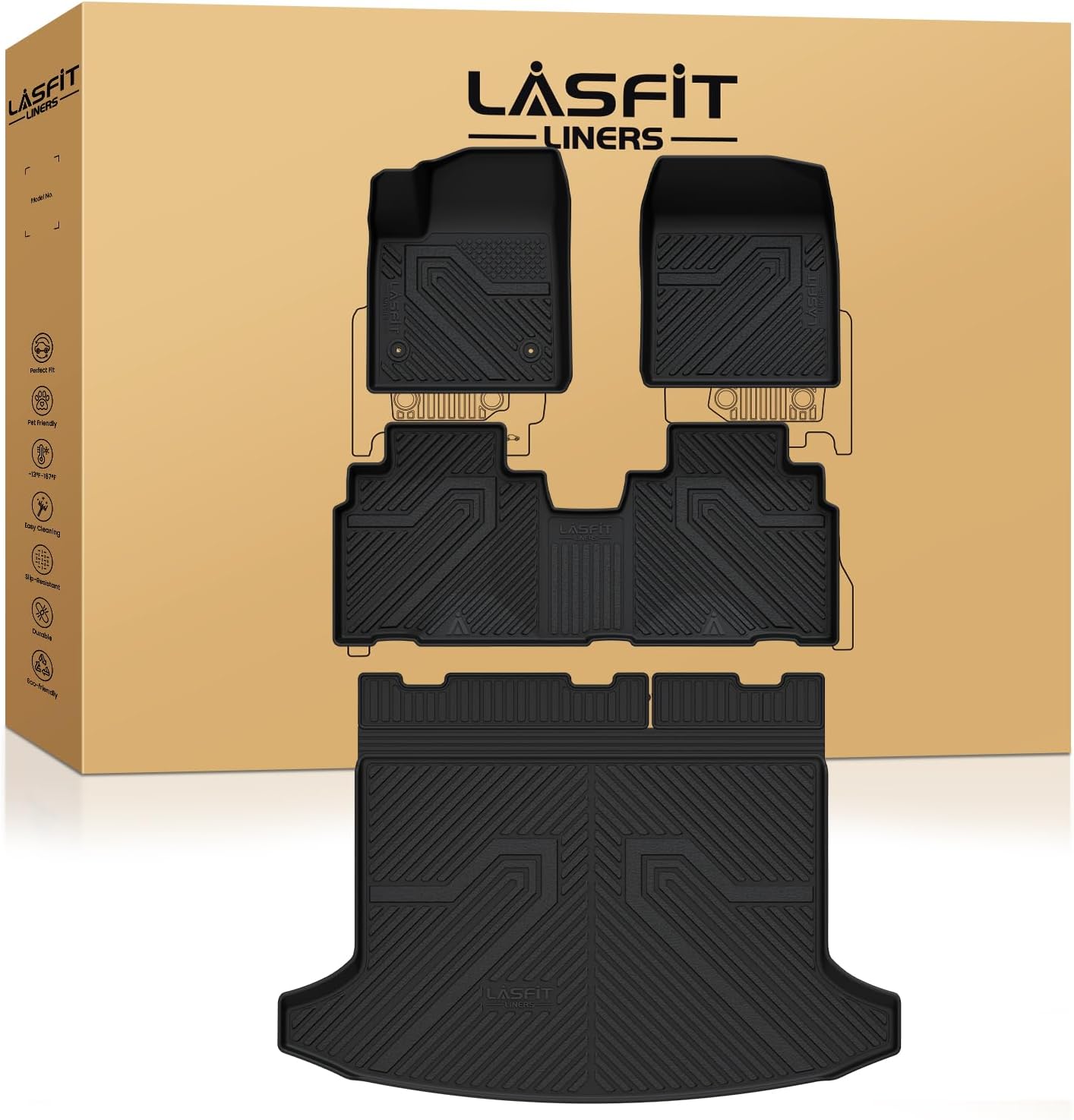 LASFIT Floor Mats for Chevrolet Traverse 2024-2026 (Only 7 Seats) & GMC Acadia 2024-2026 (Only 7 Seats) & Buick Enclave 2025-2026, All Weather TPE Custom Fit Car Floor Mat, 3 Row Floor Liners, Black