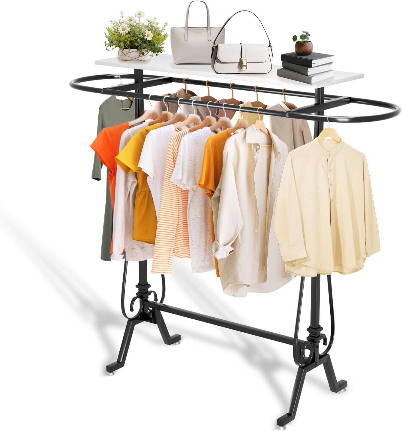 Retail Clothing Rack, Round Garment Rack Display Stand with Topper, Floor Standing Clothes Hanger for Boutique Home Commercial (Black)
