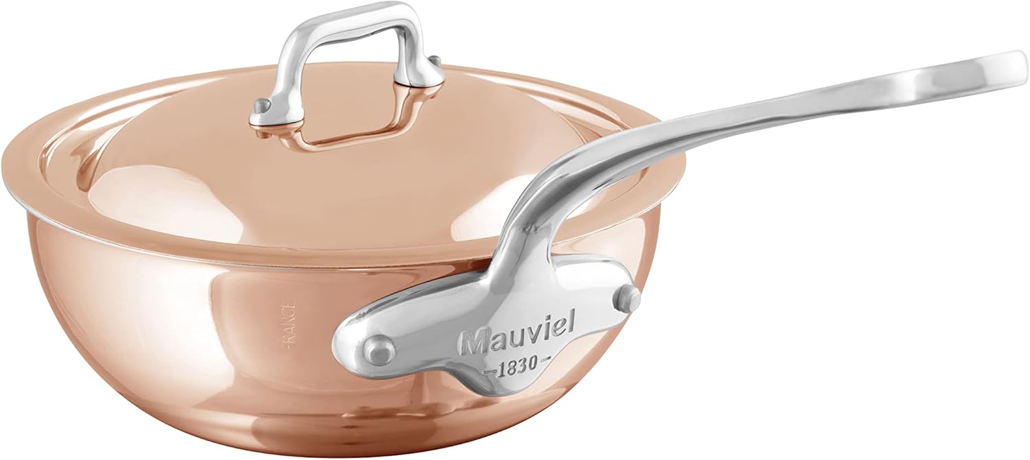 Mauviel M’6S 6-Ply Polished Copper & Stainless Steel Chef Pan With Lid, And Cast Stainless Steel Handles, 2.1-qt, Made In France