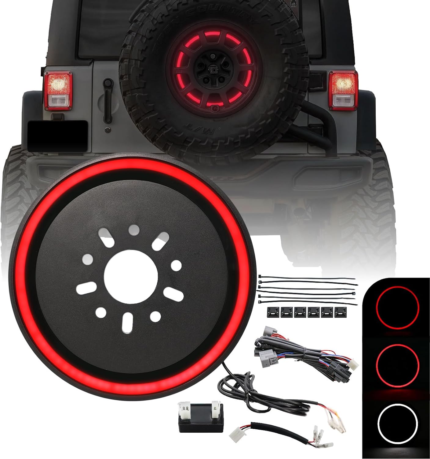 USR 07-18 JK WRANGLER Spare Tire 3rd Third Brake Light SWITCHBACK Red/White LED HALO Ring Bar Rear Tail Wheel Light Compatible with 2007-2018 Jeep Wrangler JK (Plug & Play, Running+Brake+Reverse)