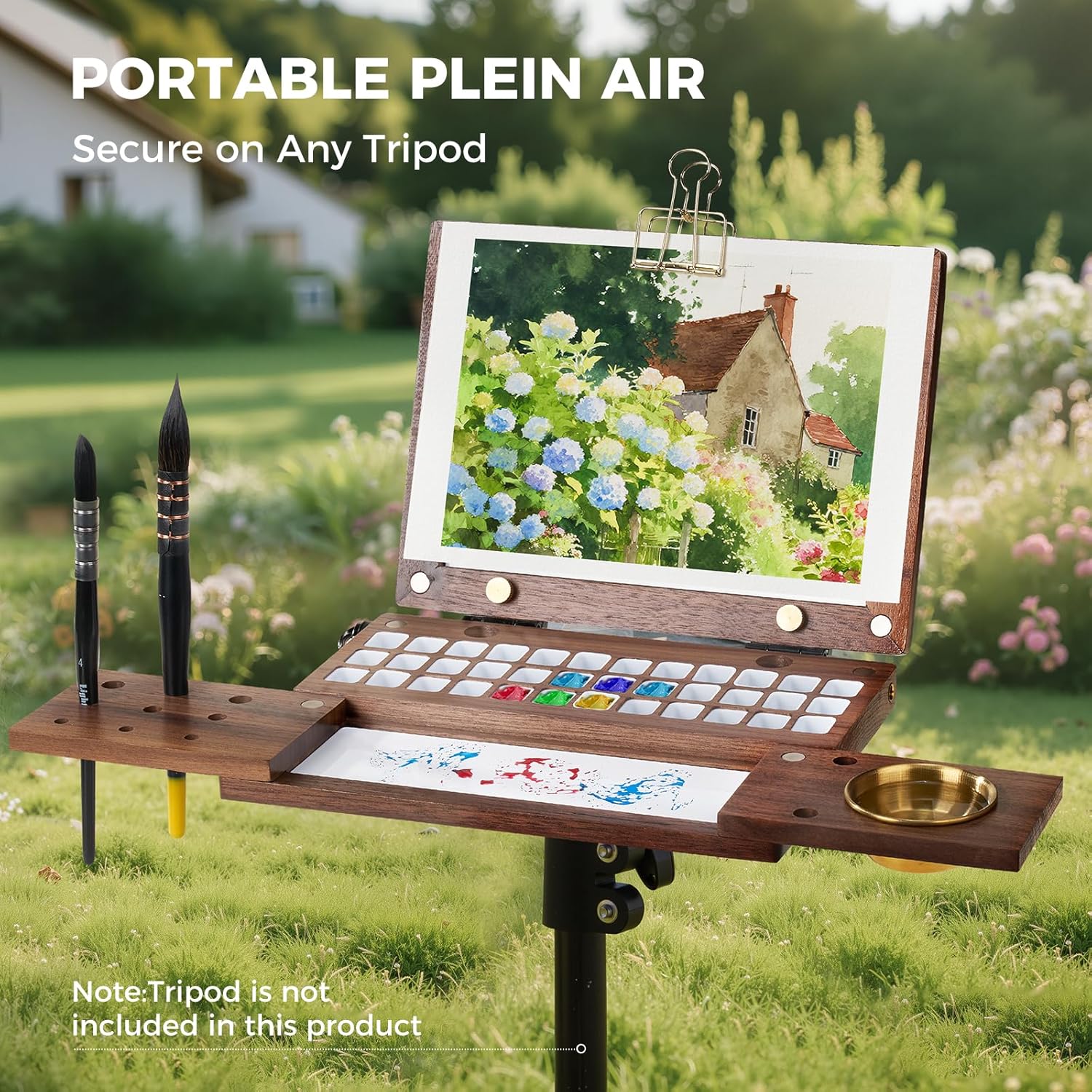 36-Grid Empty Watercolor Palette Box for Travel, Walnut Wood Artist Palette Tray Kit with Wash Jar, 9 Pen Holders, for Acrylic Gouache Water Color Painting