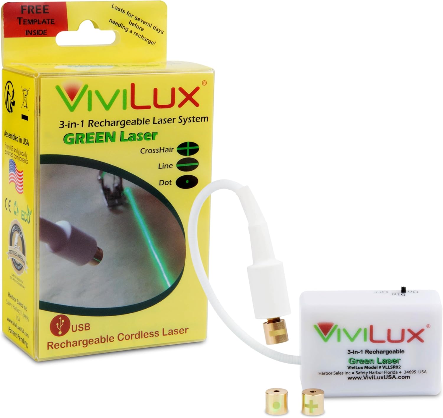 ViviLux 3-in-1 Rechargeable Green Laser System for Sewing & Quilting – Adjustable Line, Crosshair, and Dot Laser Heads, Secure Magnetic Mount – for Attachment to Metal Surfaces Only