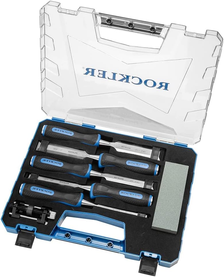 5-Piece Tang Chisel Set Woodworking w/Honing Guide & 2-Sided Sharpening Stone - Vanadium Steel Chisel Knife for Heavy Chopping w/Polypropylene Handle - Finely Crafted Hand Tools for Woodworking