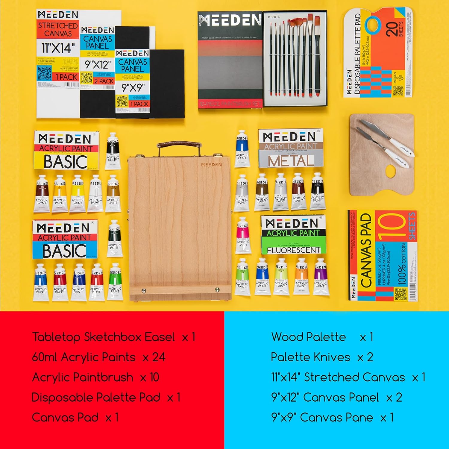 MEEDEN Acrylic Painting Set with Easel: 44 Pcs Art Supplies Painting Kit with Tabletop Box Easel for Adults - 24 Acrylic Paints, Paintbrushes, Canvas, Palettes & Accessories