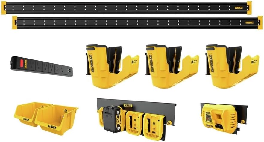 DEWALT Tool Organizer, Wall Mount, Kit for Lawn & Garden Tools, Includes Hooks, 2 Metal Rails, Charger Mount and Magnetic Power Strip, DEWALT Workshop Storage System Compatible (DWST82826)
