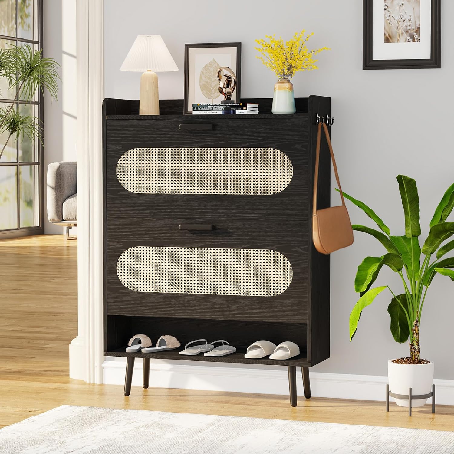 Rattan Shoe Cabinet with 2 Flip Drawers, Shoe Storage Cabinet for Entryway, Narrow Shoe Rack Cabinet, Freestanding Hidden Shoe Organizer for Hallway, Living Room (Oak)