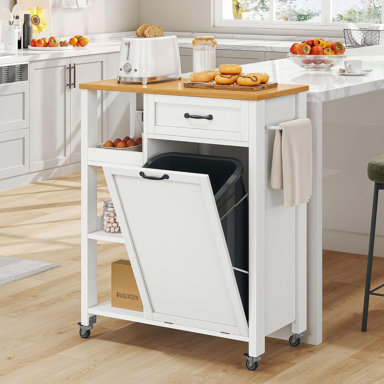 YITAHOME Kitchen Island Tilt-Out Trash Cabinet - Rolling Cart with Storage Shelves/Drawers, Fits 10 Gallon Bin, Oak & White