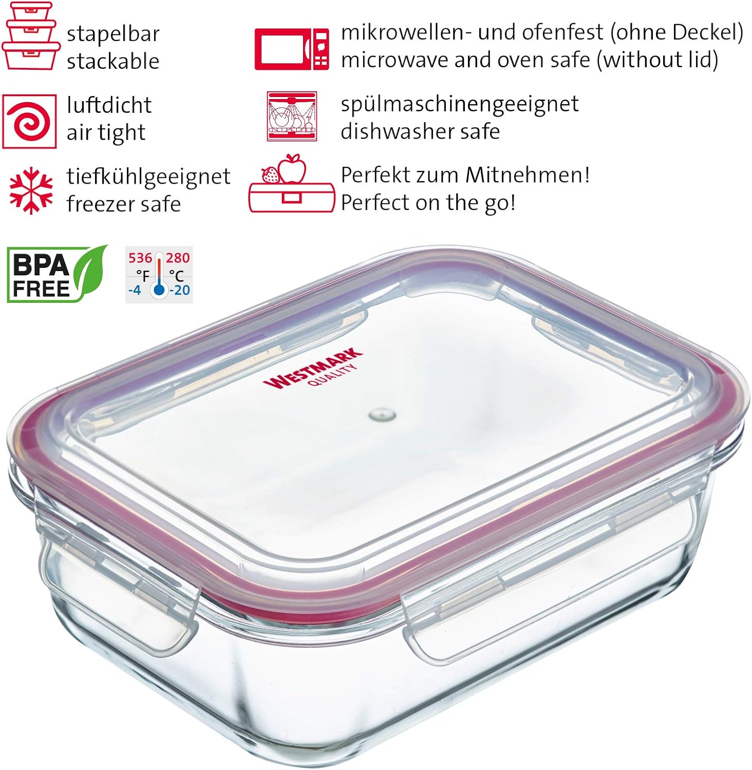 Westmark Glass Food Storage Container with Clip Lid Capacity 1520ml Airtight Freezer Microwave Safe Oven Safe BPA Free Glass/Plastic/Silicone, Clear/Red, 234422E1
