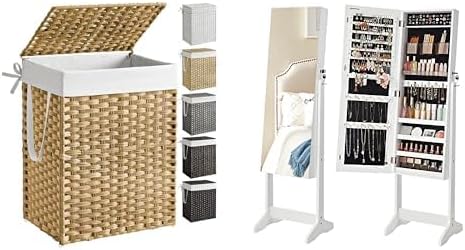 SONGMICS Laundry Hamper with Lid, Jewelry Cabinet Armoire with 2 Plastic Cosmetic Storage, ULCB51NL and UJJC002W01