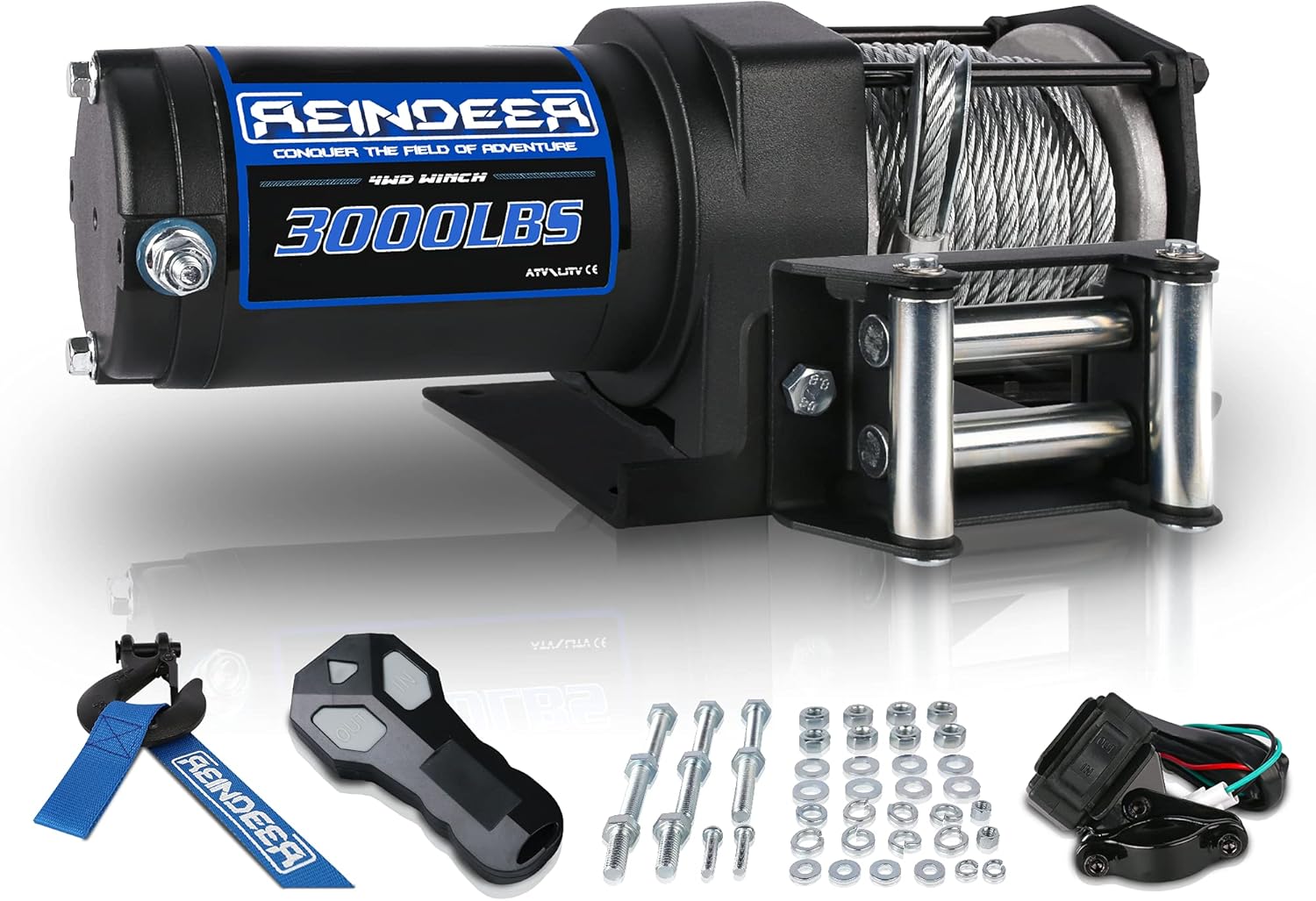 REINDEER New 12V Winch 3000 lb Load Capacity Electric Winch Kit for ATV UTV Steel Cable Wire Rope with Hawse Fairlead Waterproof IP67 with Wireless Remotes